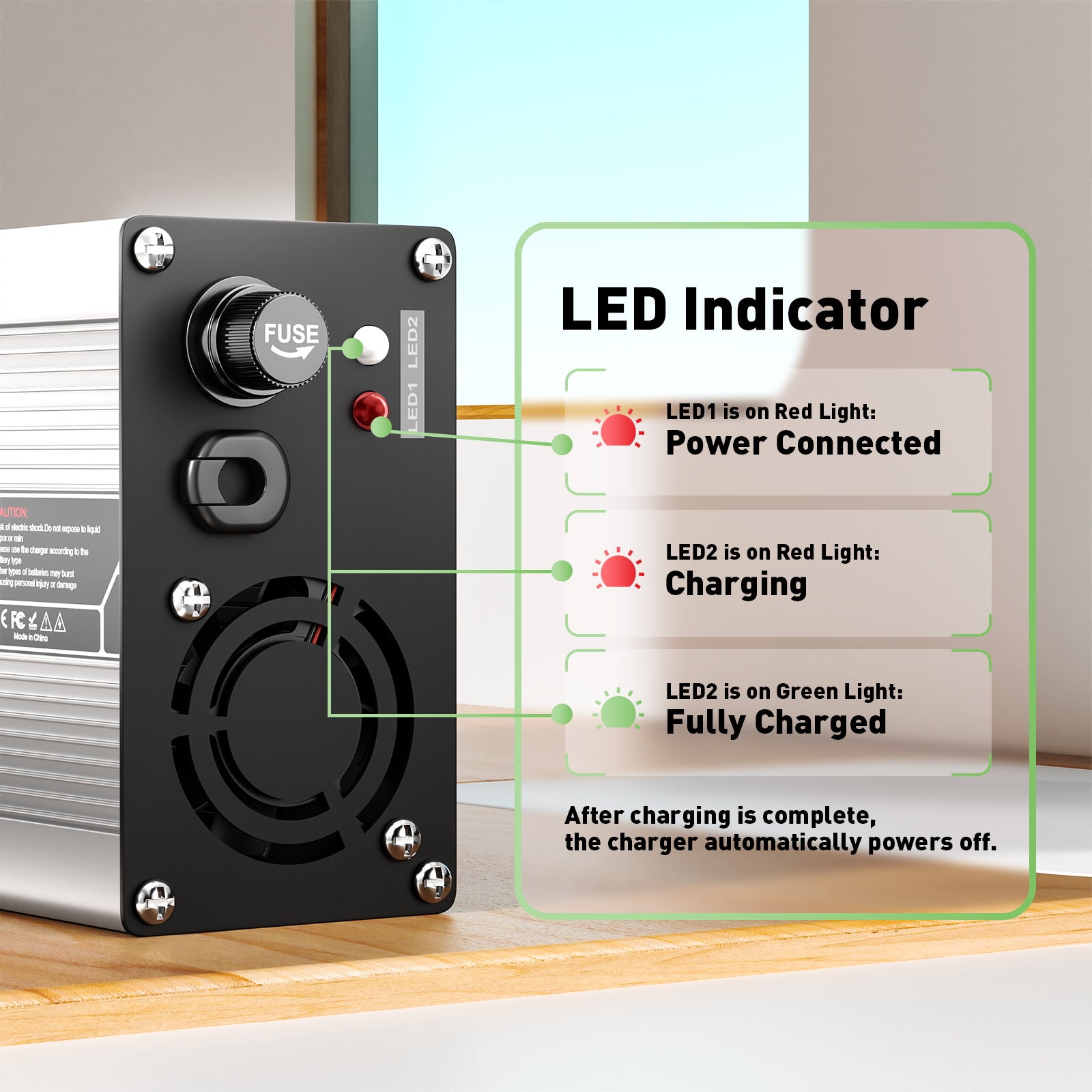 NOEIFEVO 12,6V 10A Lithium-laddare för 3S 11,1V Li-Ion Lipo-batterier, kylfläkt, automatisk avstängning