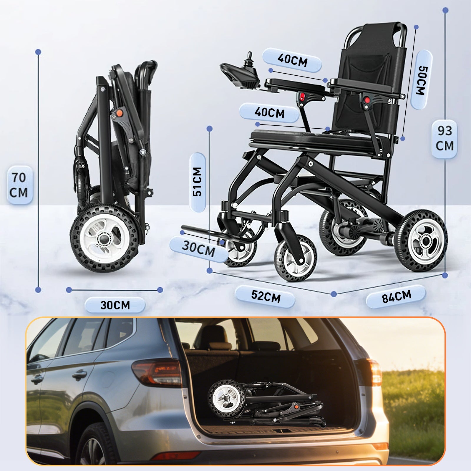 Elektrische rolstoel – 13.6kg, 300W motor, afneembare lithium-accu, elektromagnetische rem, 100kg draagvermogen, lichte elektrische opvouwbare rolstoel ideaal voor reizen & dagelijks gebruik