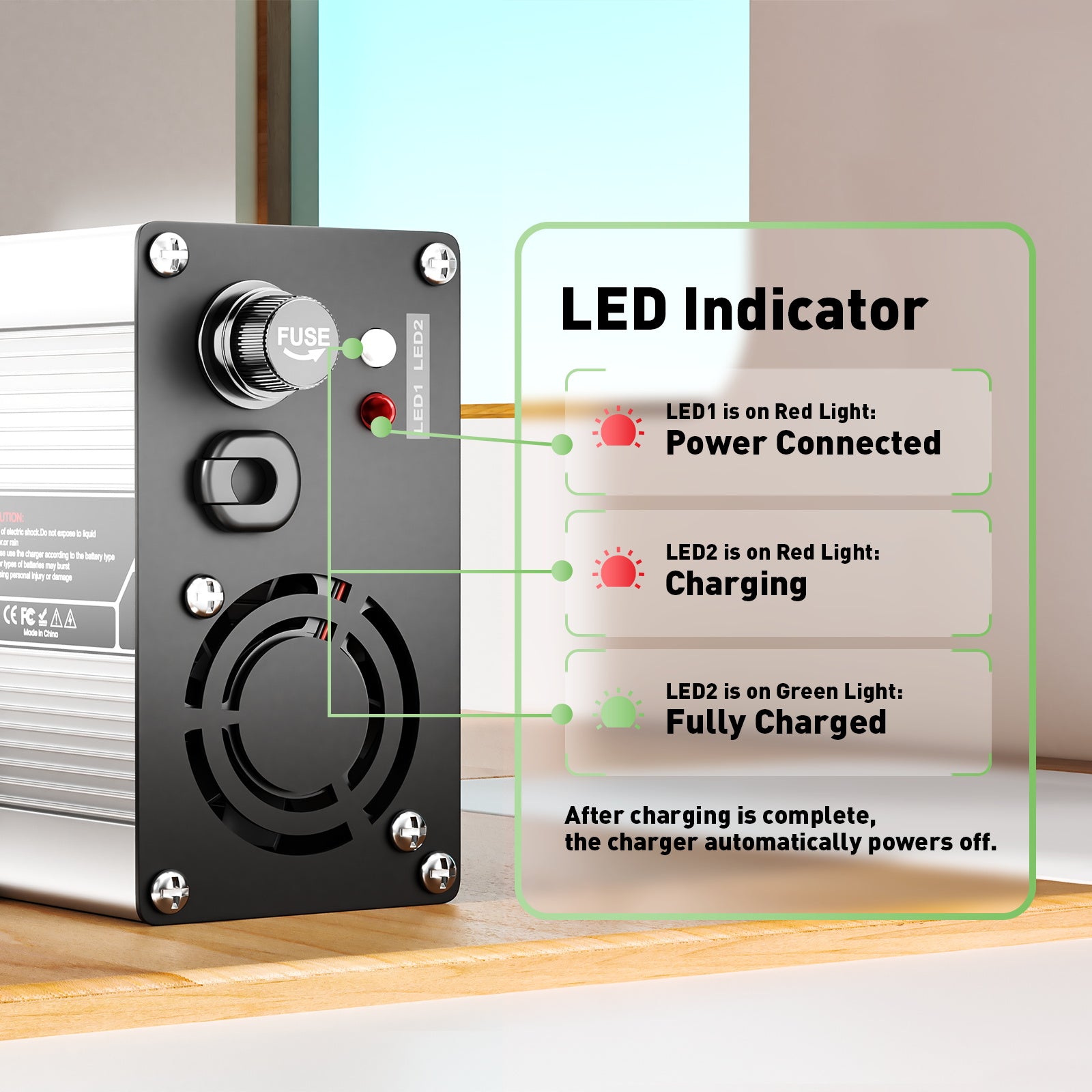 NOEIFEVO 29,2V 15A LiFePO4 Batteriladdare för 24V (25,6V) 4S-batteri, automatisk avstängning, aluminiumhus, med fläkt (Silver)