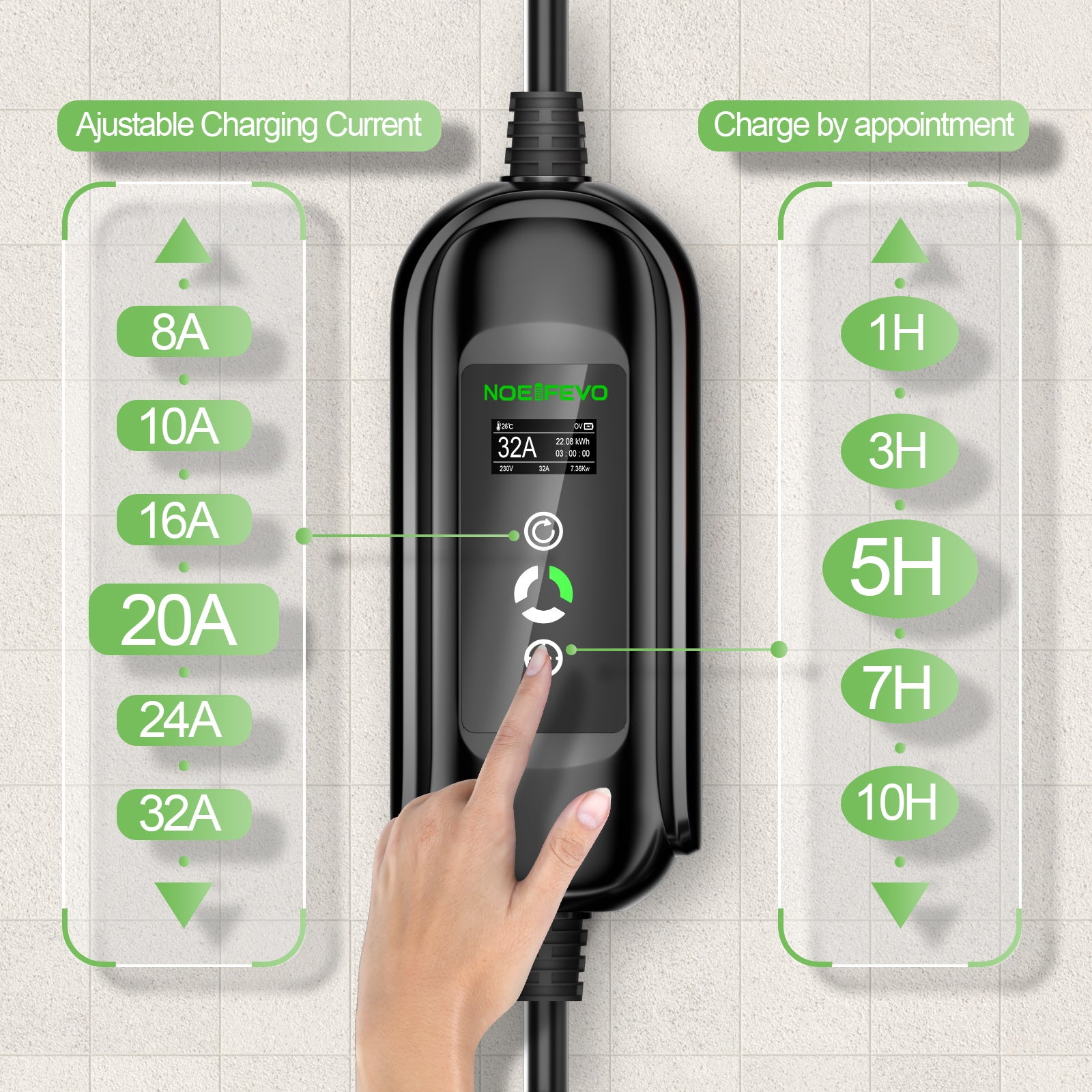 NOEIFEVO 7.2KW EV-laadkabel, Type 2 32A 1 fase EV-lader, Mobiel EVSE-laadstation met CEE Blauwe Stekker