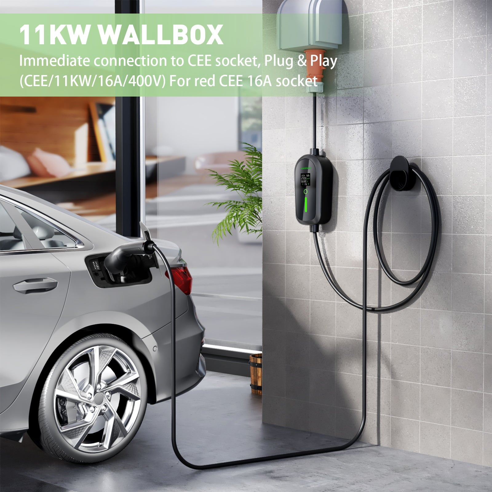 NOEIFEVO F097 11KW EV Mobile Wallbox med app, 3-faset 6-16A med justerbar opladningskraft, Wi-Fi fjernbetjening, CEE 16A til Type 2 EV opladningskabel