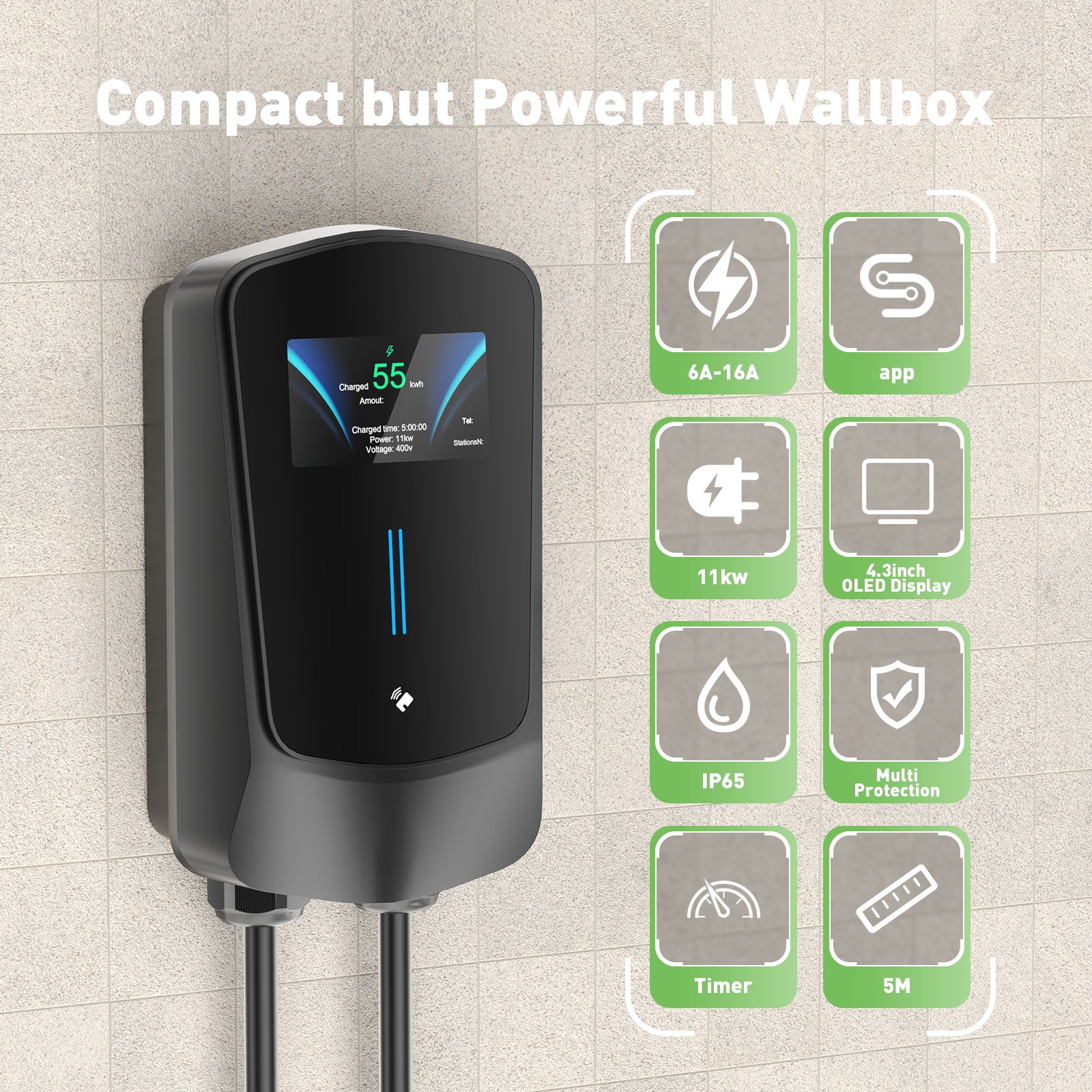 NOEIFEVO Wallbox Typ 2, 11kW, mit App und RFID, 6–16A, 3-phasiges 400V Ladegerät für Elektrofahrzeuge (BEV/PHEV) mit 5 m Ladekabel und Kabelhalter, FI-Schutzschalter Typ B und Schutzart IP65, effiziente Ladestation für Zuhause und Büro