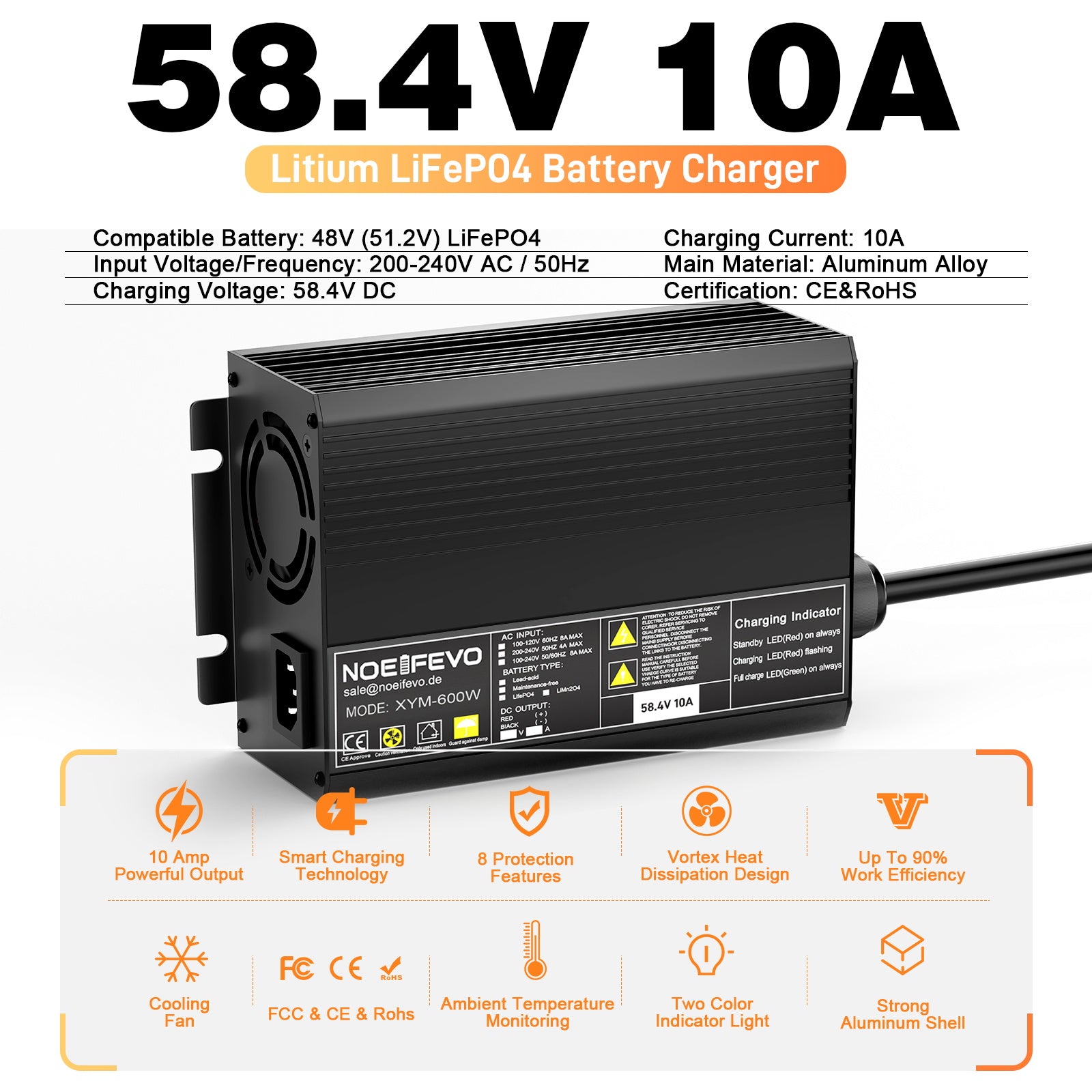 NOEIFEVO 58,4V 10A LiFePO4 batterilader for 51,2V(48V) 16S litiumbatteri for golfbiler, bobiler og elektriske fiskemotorer