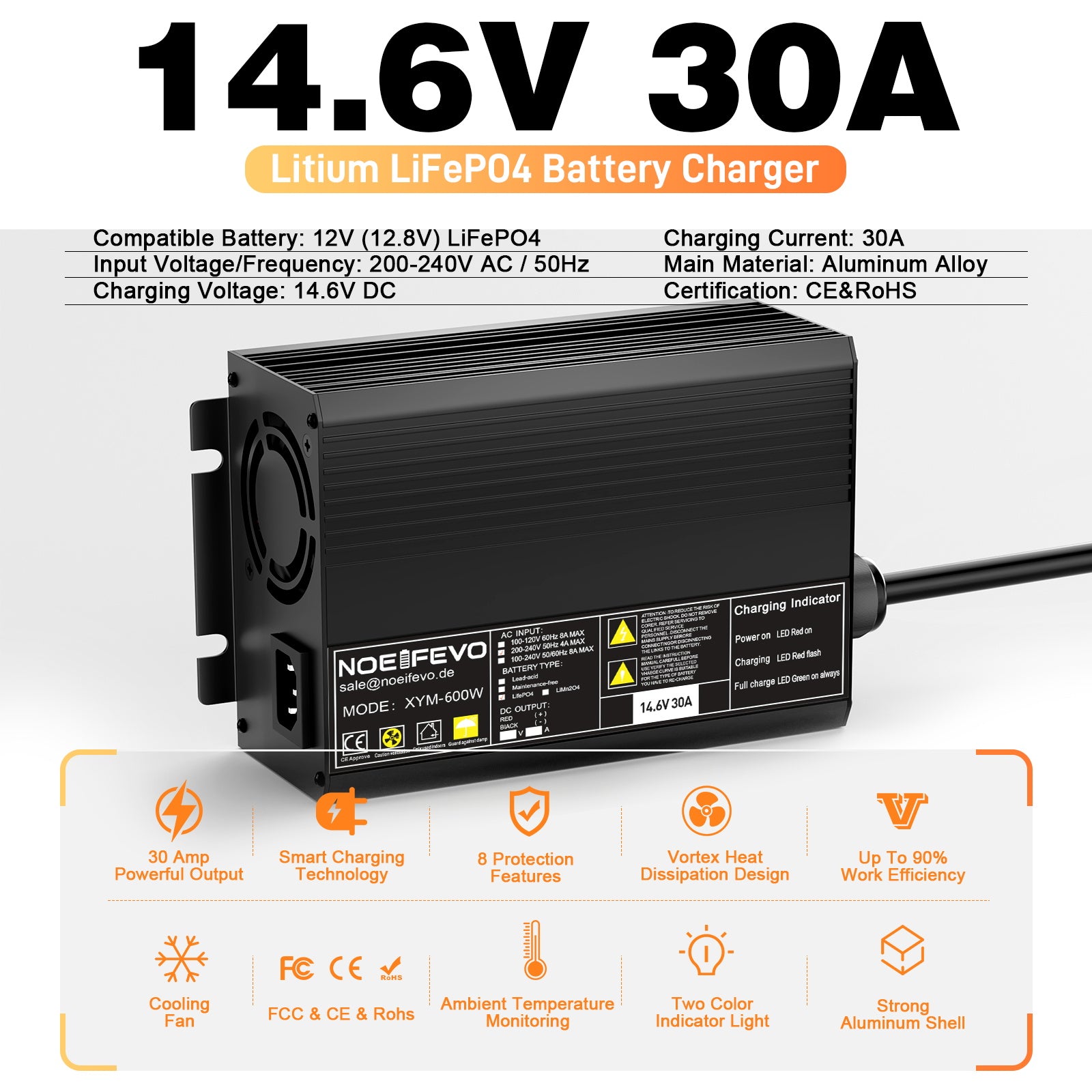 Noeifevo 12V 12,8V 30A Lithium LiFePO4 batteriladdare, laddningsspänning 14,6V, 0V BMS aktivering, automatisk avstängning, aluminiumhus
