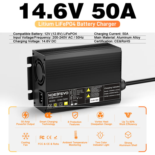 Noeifevo 14,6V 50A Rychlá nabíječka lithiových baterií LiFePO4 pro 12V (12,8V) LiFePO4 baterii, 0V BMS aktivace, automatické vypnutí s plnou ochranou