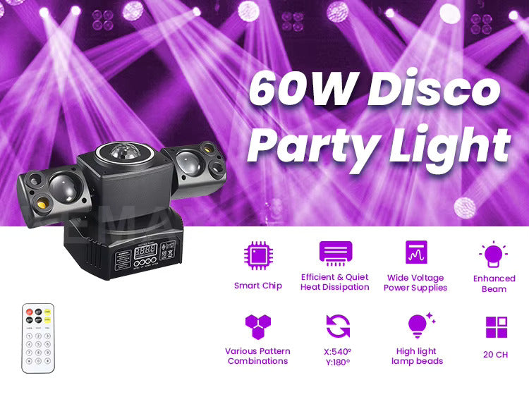 60W Moving Head Partylicht, 2-Arm RGBW Beam Disco-Partylicht mit Fernbedienung, DMX512 Bühneneffekt DJ-Licht für Veranstaltungen, Club, Weihnachten