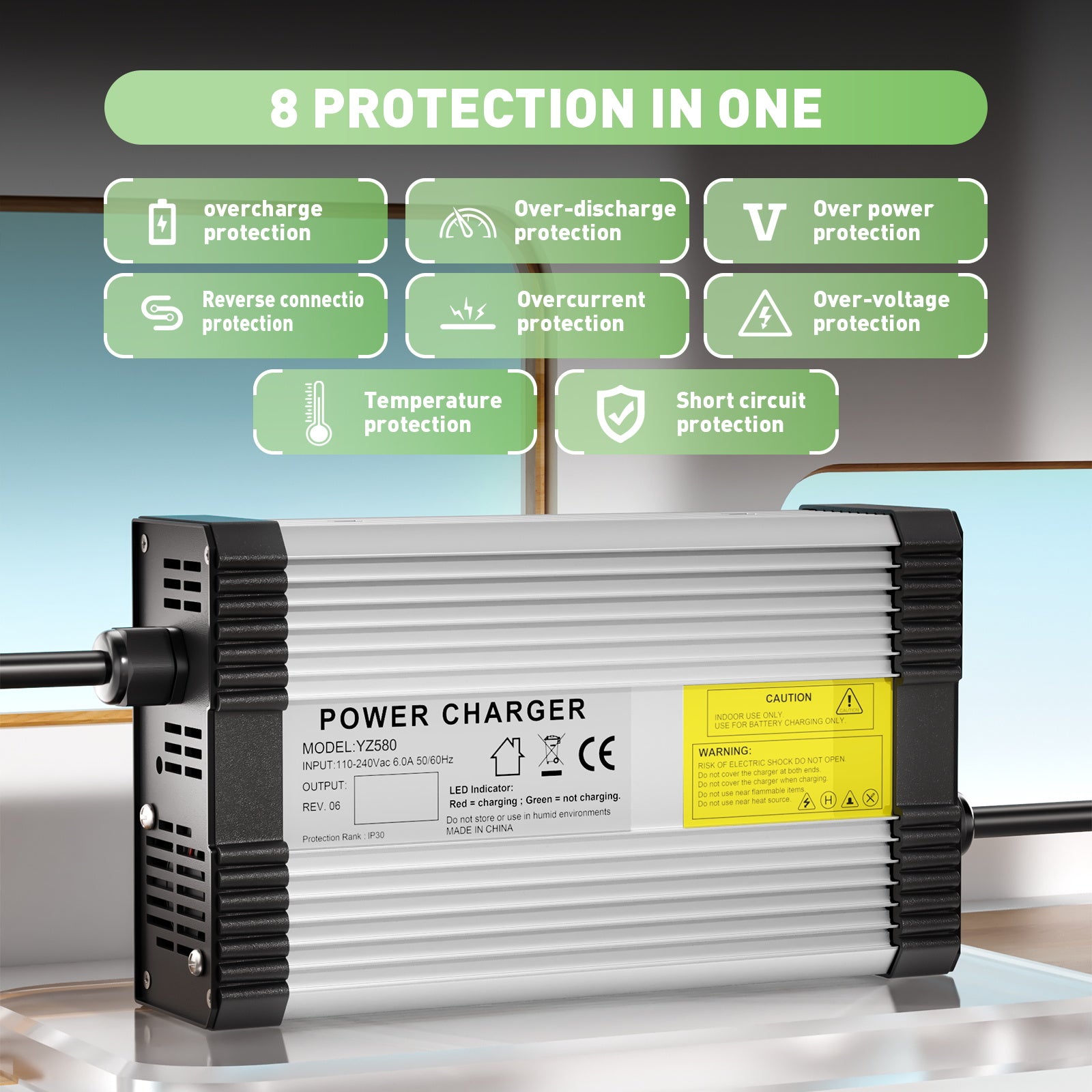 NOEIFEVO 58.4V 8A LiFePO4-batteriladdare för 48V 51.2V 16S LiFePO4-batteri, med kylfläkt, automatisk avstängning.