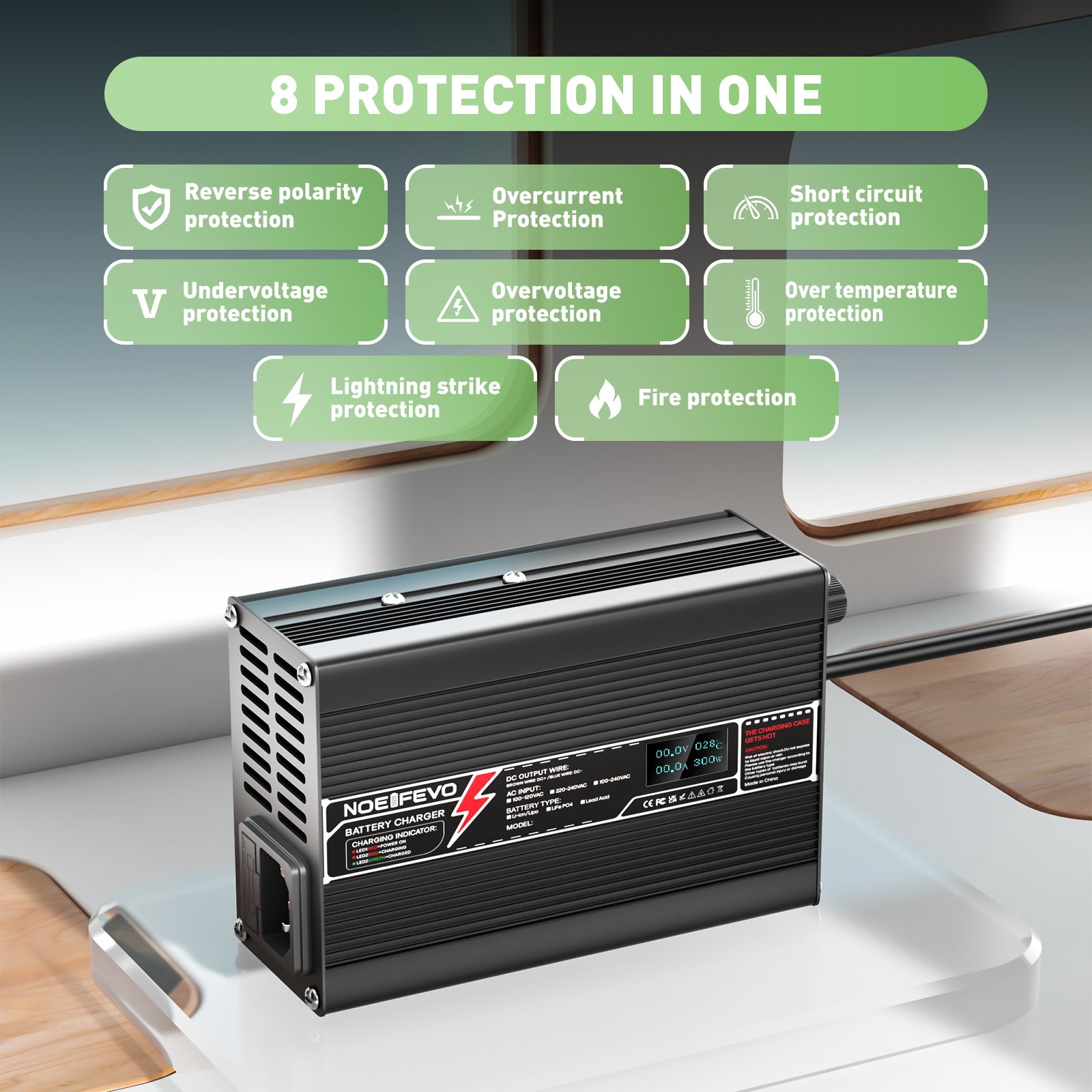 NOEIFEVO 55.2V-58.8V 3A bly-syrabatteriladdare för 48V bly-syrabatteri, med LCD-display, kylfläkt, automatisk avstängning