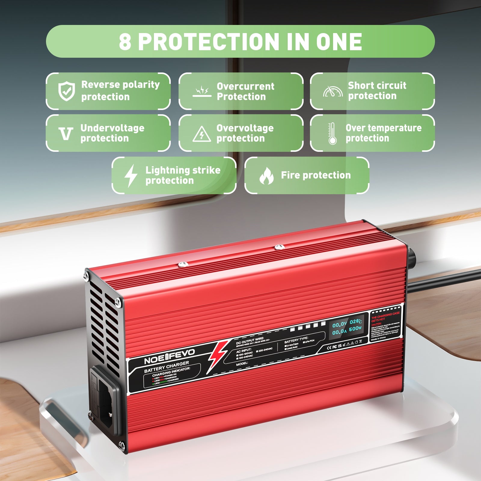 NOEIFEVO 48V 8A Bly-syrabatteriladdare, laddspänning 55,2V-58,8V, automatisk avstängning, OLED-display, aluminiumhölje, med fläkt