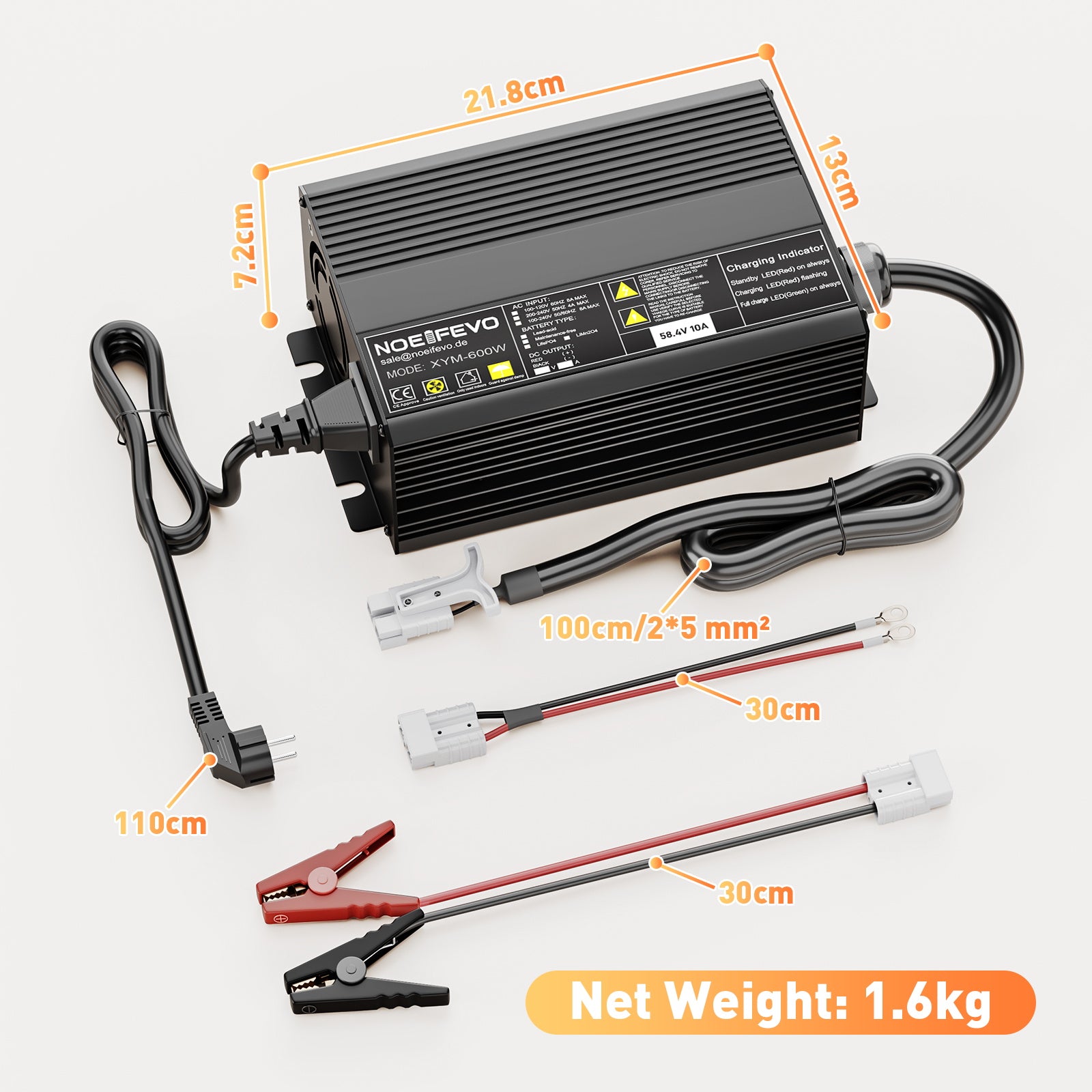 NOEIFEVO 58,4V 10A LiFePO4 batterilader for 51,2V(48V) 16S litiumbatteri for golfbiler, bobiler og elektriske fiskemotorer