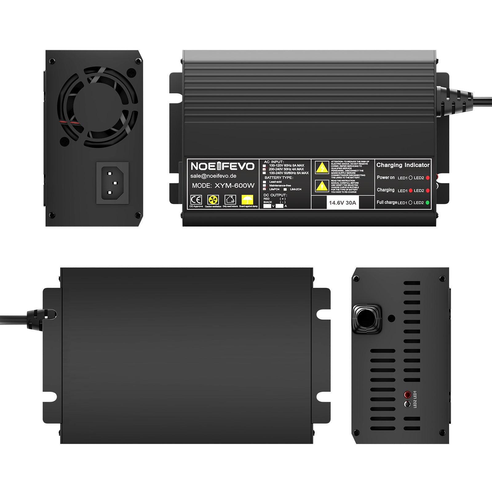 Noeifevo 12V 12.8V 30A LiFePO4 Battery Charger, 14.6V Charger for LiFePO4 Battery