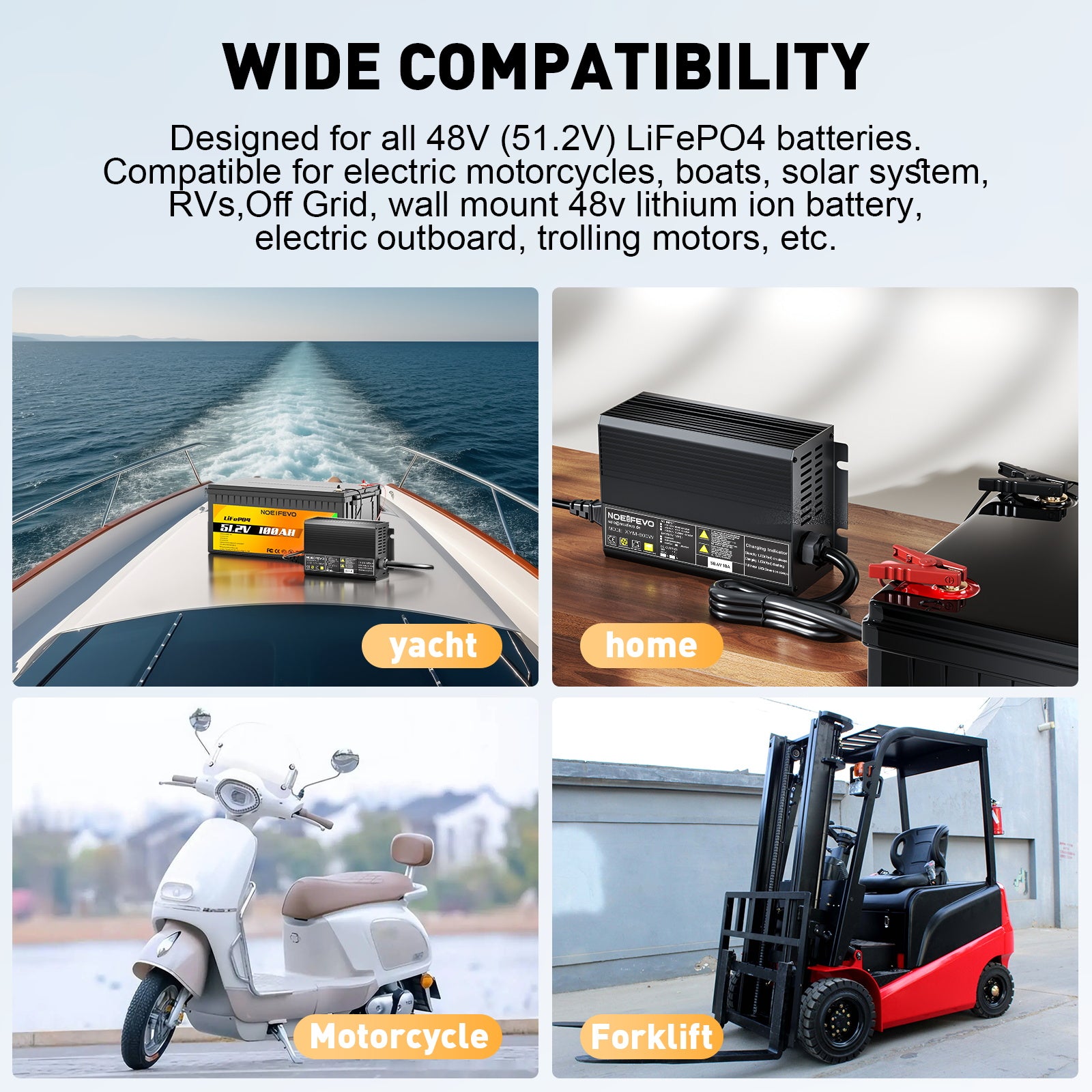 NOEIFEVO 58,4V 10A LiFePO4 batterilader for 51,2V(48V) 16S litiumbatteri for golfbiler, bobiler og elektriske fiskemotorer