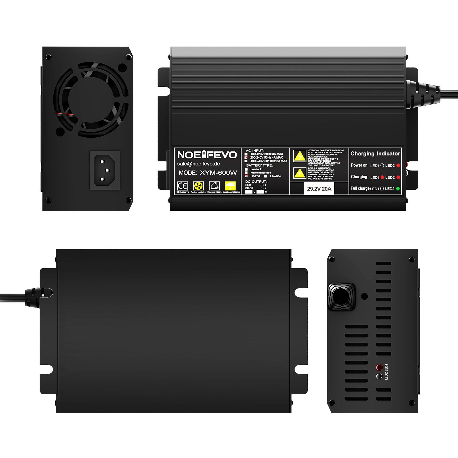 Noeifevo 29.2V 20A LiFePO4 batteriladdare för 24V 25.6V LiFePO4 batteri