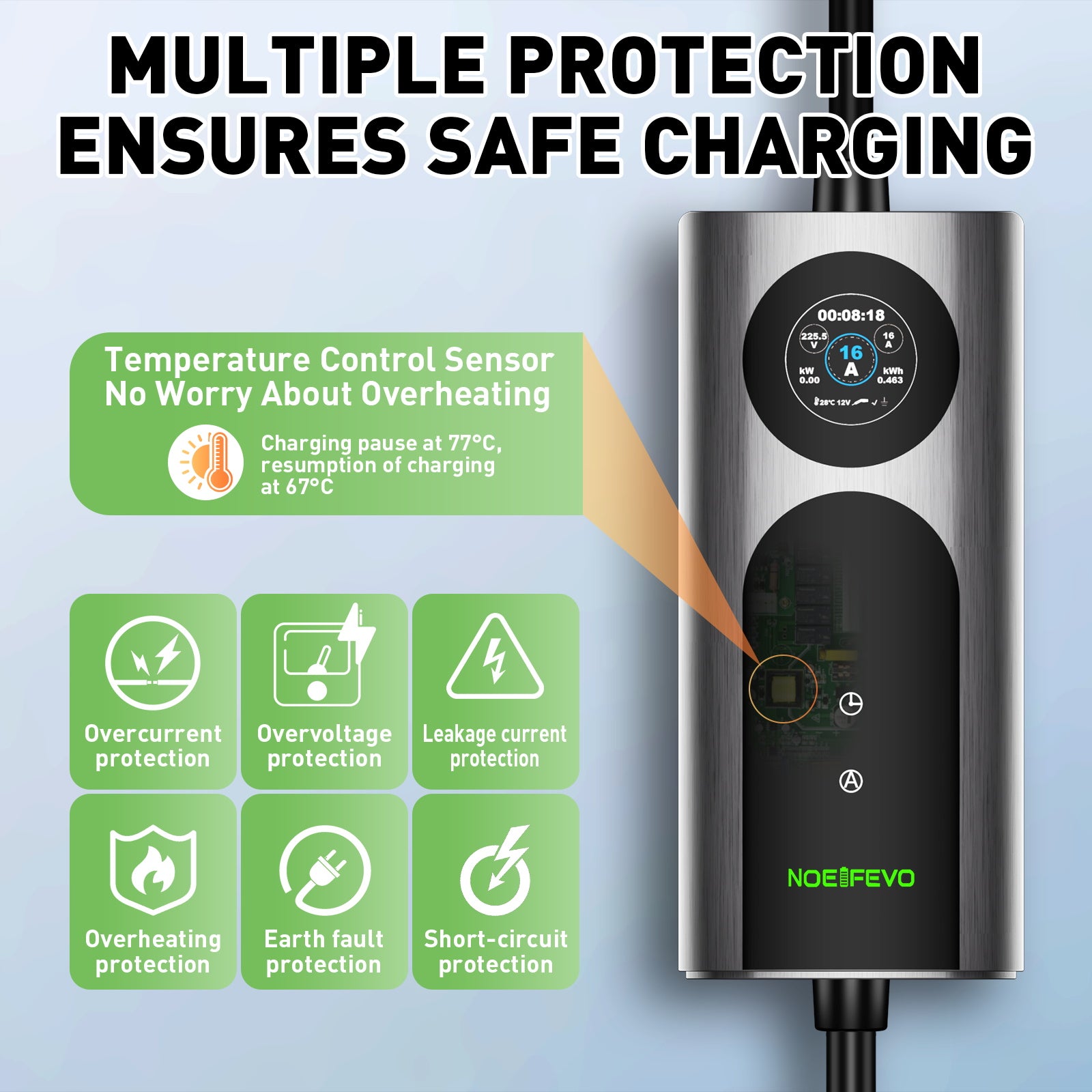 NOEIFEVO CY01 Type 2 laadkabel Schuko 220V, 3,7kW mobiele Wallbox met APP, 6-16A 1-fasige laadkabel e-auto voor alle EVs (IEC 62196-2) & PHEVS