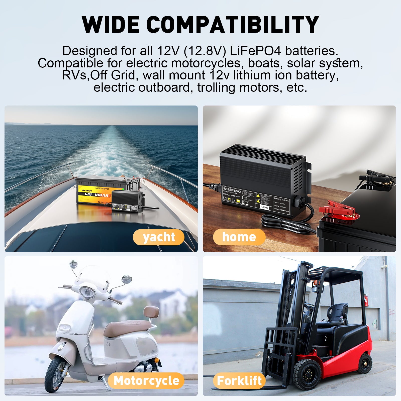 Noeifevo 12V 12,8V 30A Lithium LiFePO4 batteriladdare, laddningsspänning 14,6V, 0V BMS aktivering, automatisk avstängning, aluminiumhus