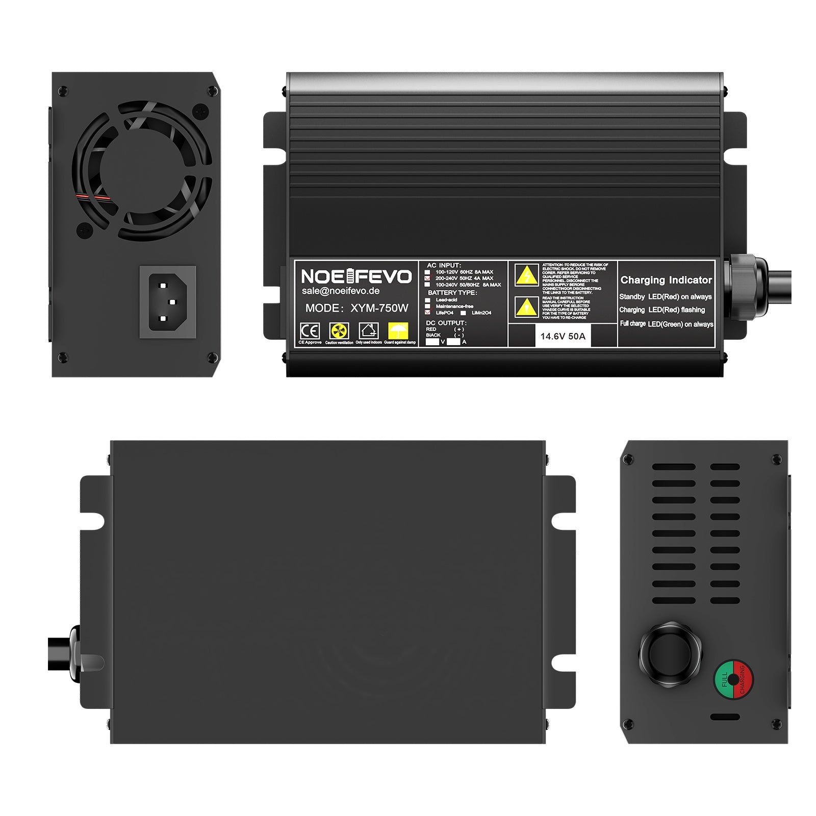 Noeifevo 14.6V 50A LiFePO4 Caricabatteria per 12V (12.8V) LiFePO4 Batteria, Reset LiFePO4 Caricabatteria