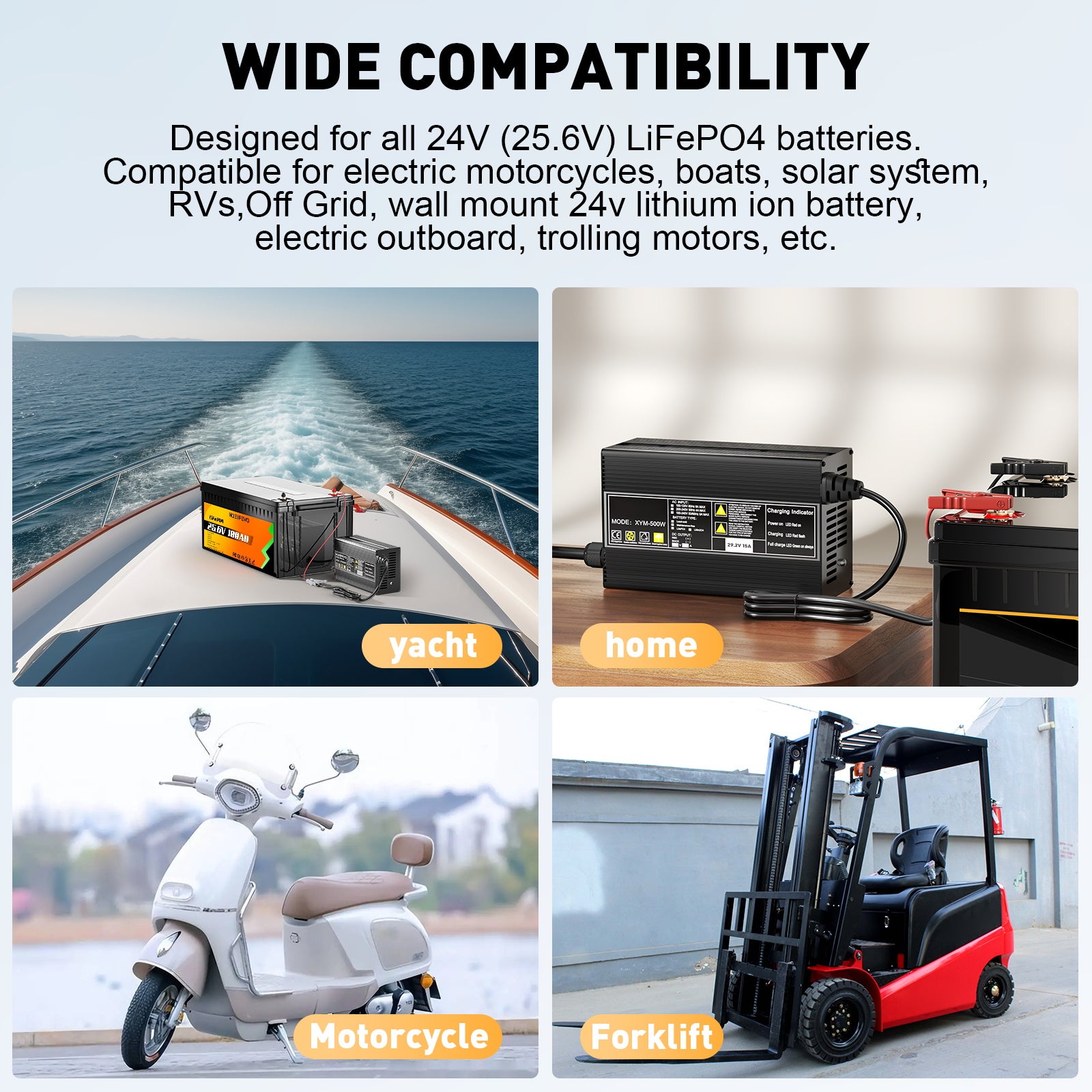 Noeifevo 29,2V 15A LiFePO4 batterilader for 24V 25,6V litiumbatteri, 0V BMS-aktivering, automatisk avstenging med full beskyttelse
​