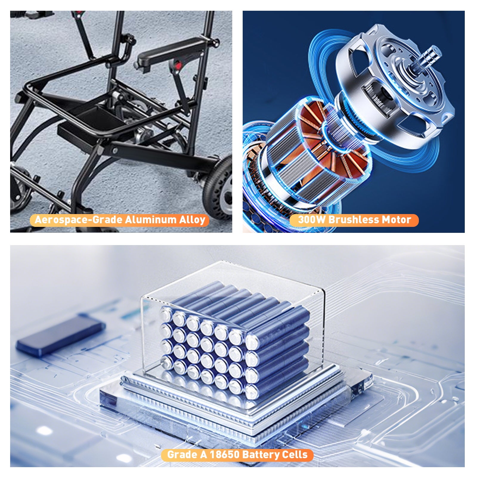 Elektrische rolstoel – 13.6kg, 300W motor, afneembare lithium-accu, elektromagnetische rem, 100kg draagvermogen, lichte elektrische opvouwbare rolstoel ideaal voor reizen & dagelijks gebruik