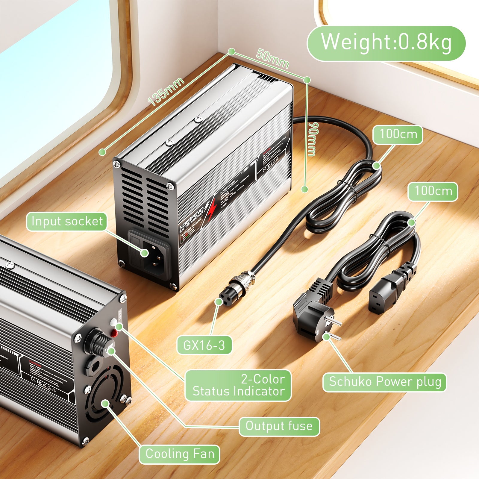 NOEIFEVO 54.6V 2A 2.5A 3A Lithium-lader til 13S 48.1V Li-Ion Lipo-batterier, med køleventilator, automatisk slukning