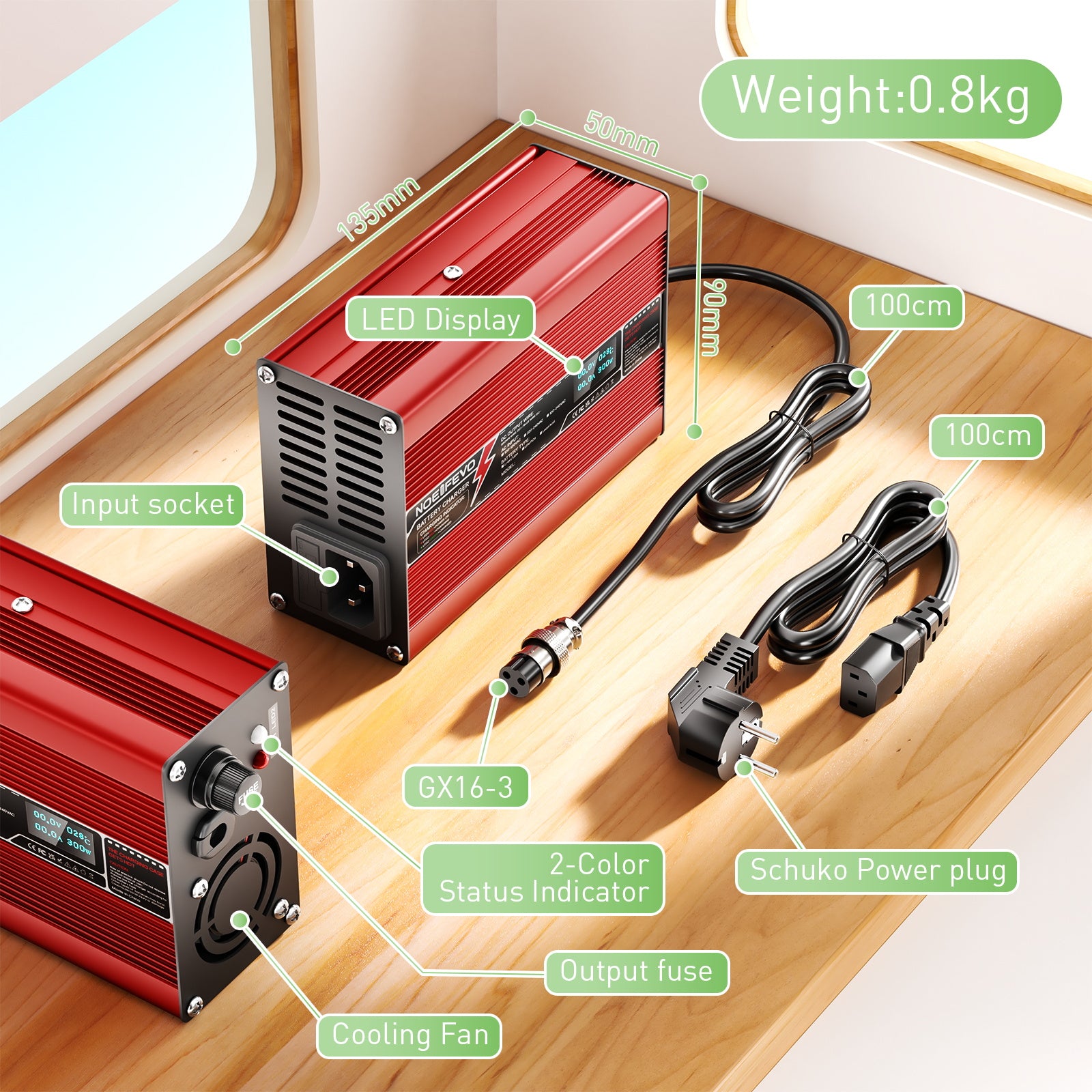 NOEIFEVO 12V 15A Cargador de Batería de Plomo-Ácido, Pantalla OLED, Carcasa de Aluminio, Cargador Rápido Inteligente, XT60/XT90/Anderson 50A/M8