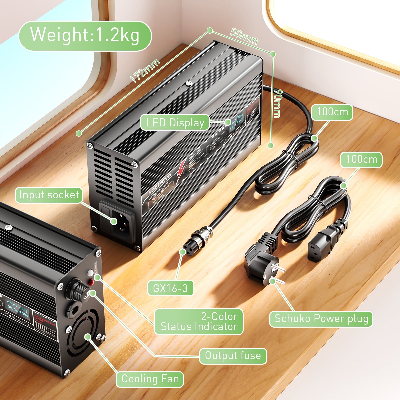 Carregador de Bateria LiFePO4 NOEIFEVO 54,75V 8A para Bateria de Lítio LiFePO4 15S 48,0V, Display LED, Caixa de Alumínio