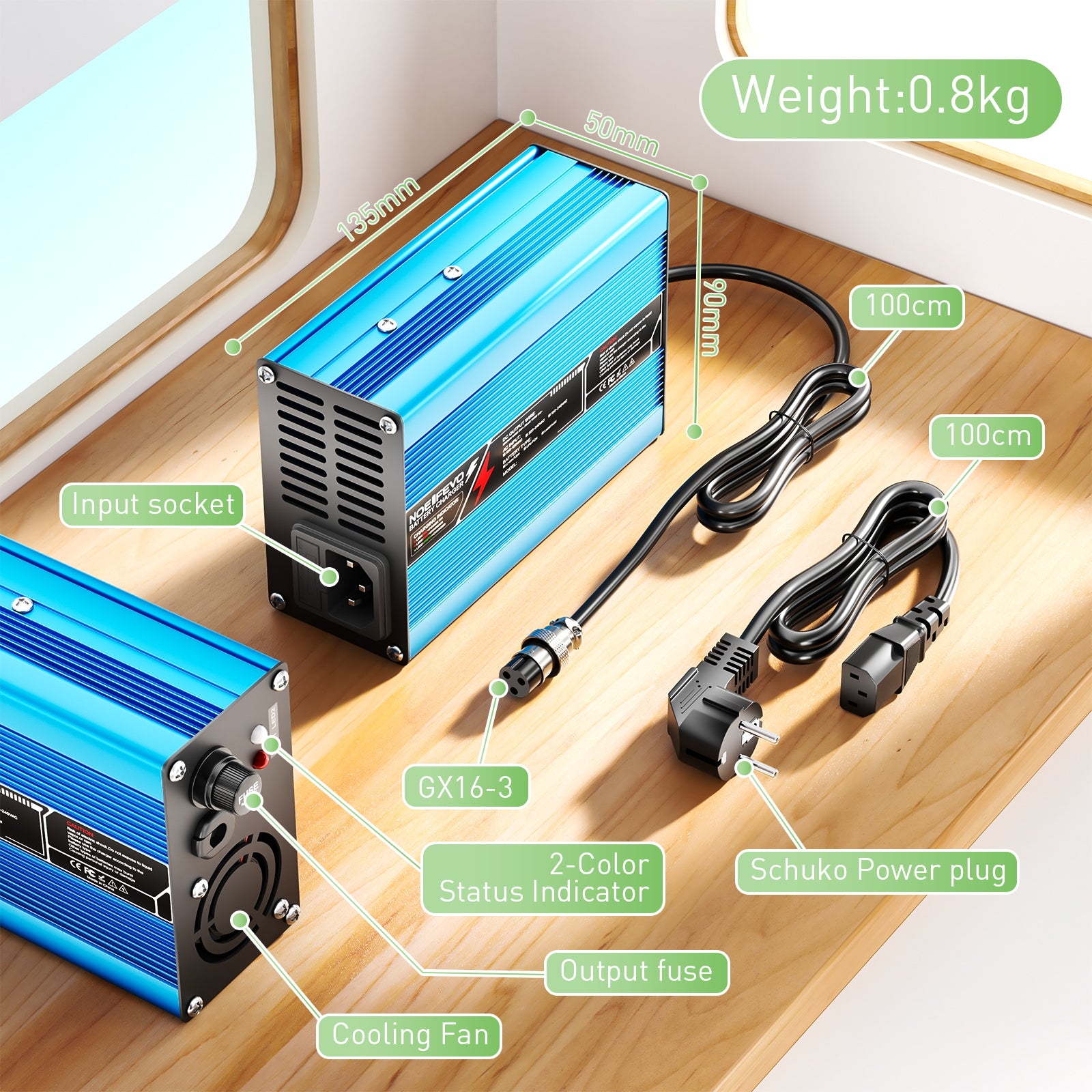 NOEIFEVO 46.2V 2A 3A 3.5A 4A Lithium-Ladegerät für 11S 40.7V Li-Ion Lipo-Batterien, Kühlventilator, automatischer Abschaltung（BLUE）