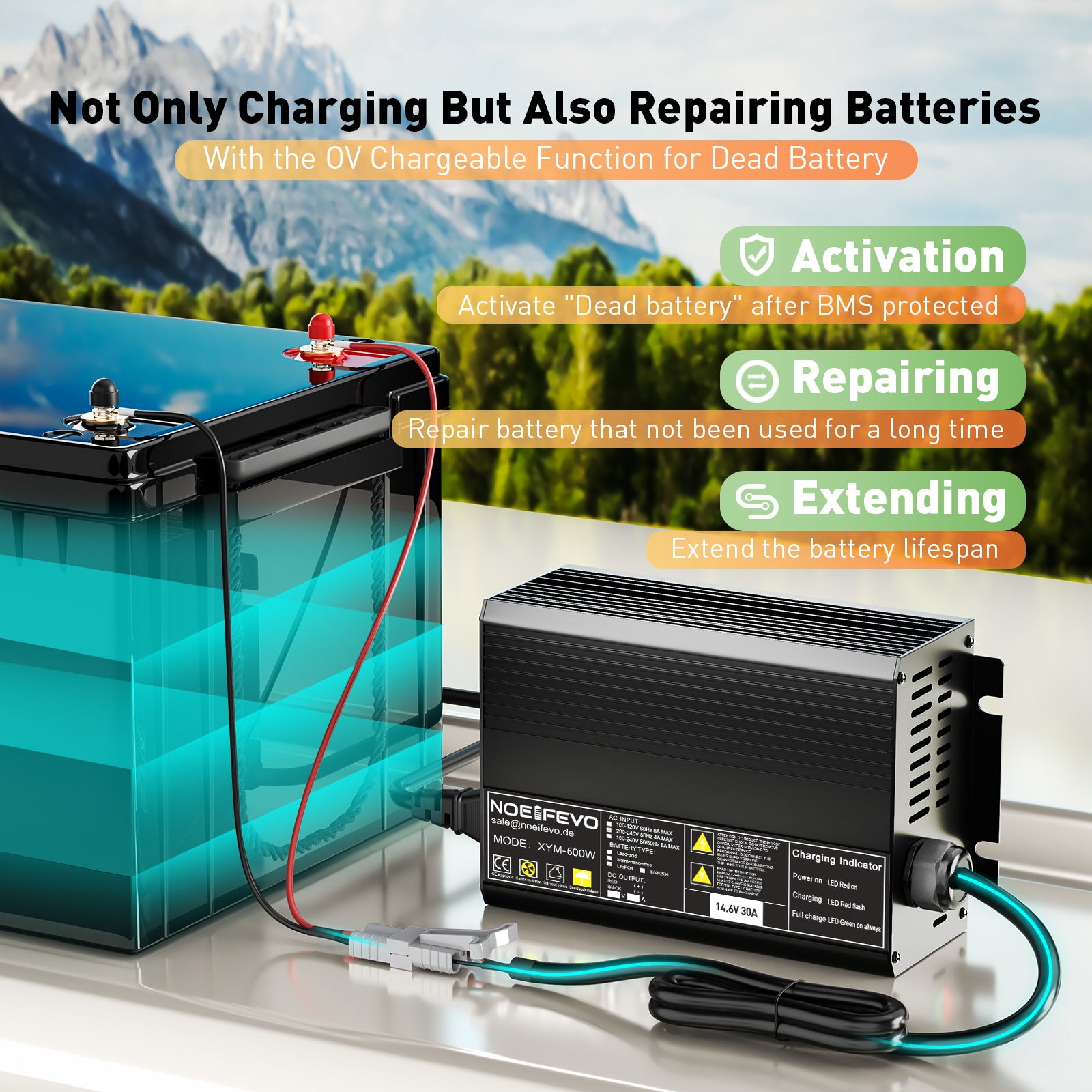 Noeifevo 12V 12,8V 30A Lithium LiFePO4 batteriladdare, laddningsspänning 14,6V, 0V BMS aktivering, automatisk avstängning, aluminiumhus