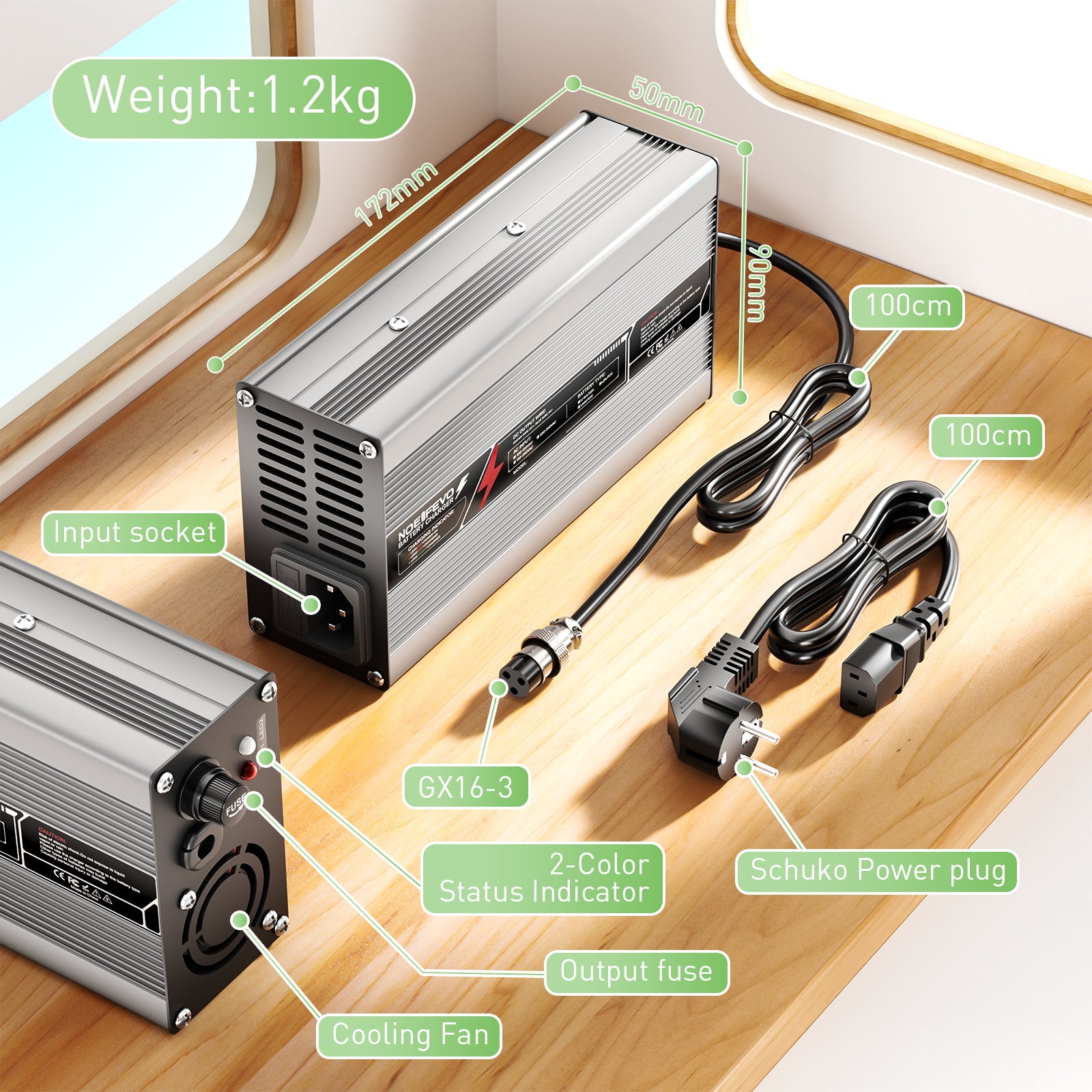 NOEIFEVO 54,75V 8A LiFePO4-accu lader voor 48V 15 S-batterij, automatische uitschakeling, aluminium behuizing, met ventilator (Zilver)