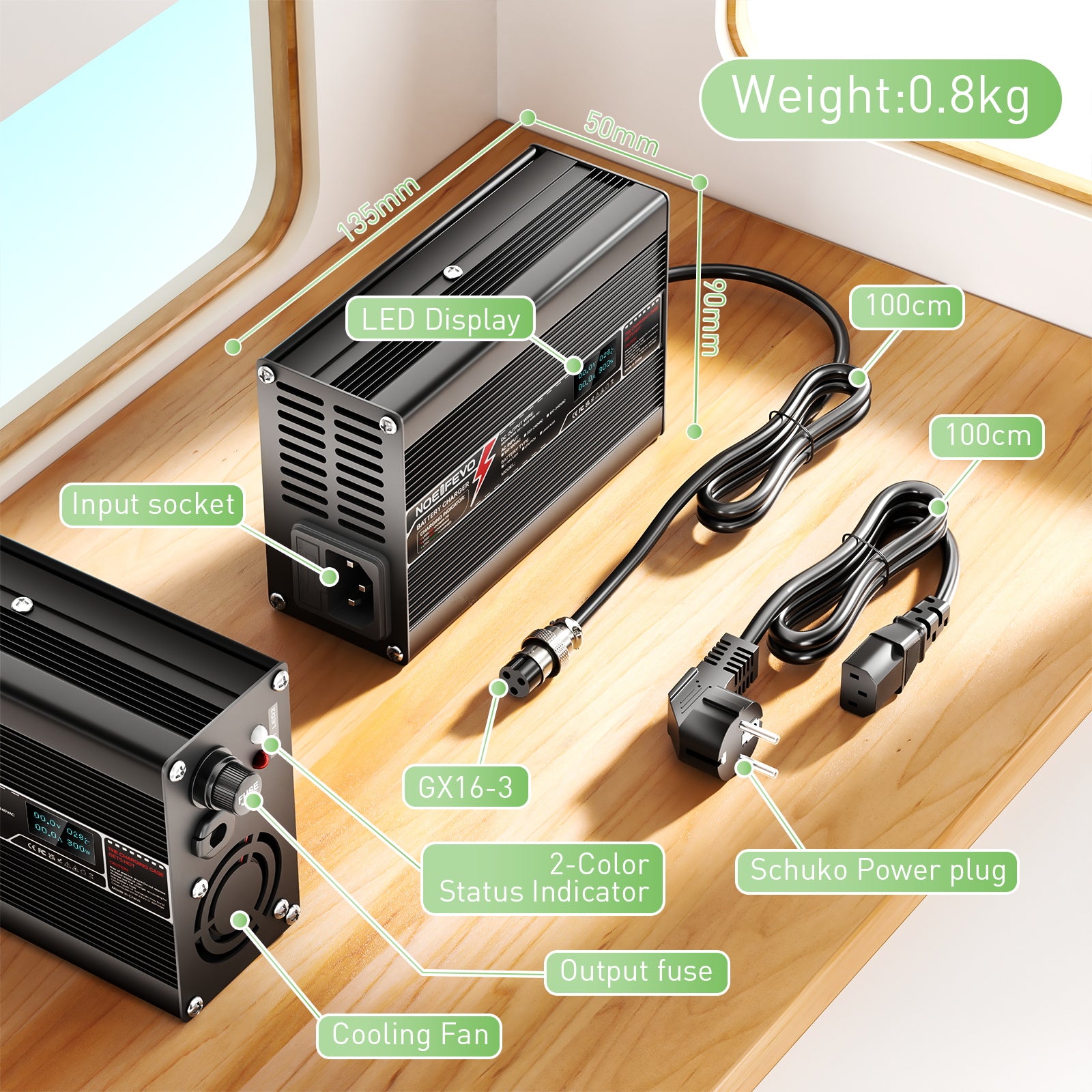 NOEIFEVO 54.6V 2A 2.5A 3A Lithium-Ladegerät für 13S 48.1V Li-Ion Lipo-Batterien,  Kühlventilator, automatischer Abschaltung（BLACK）