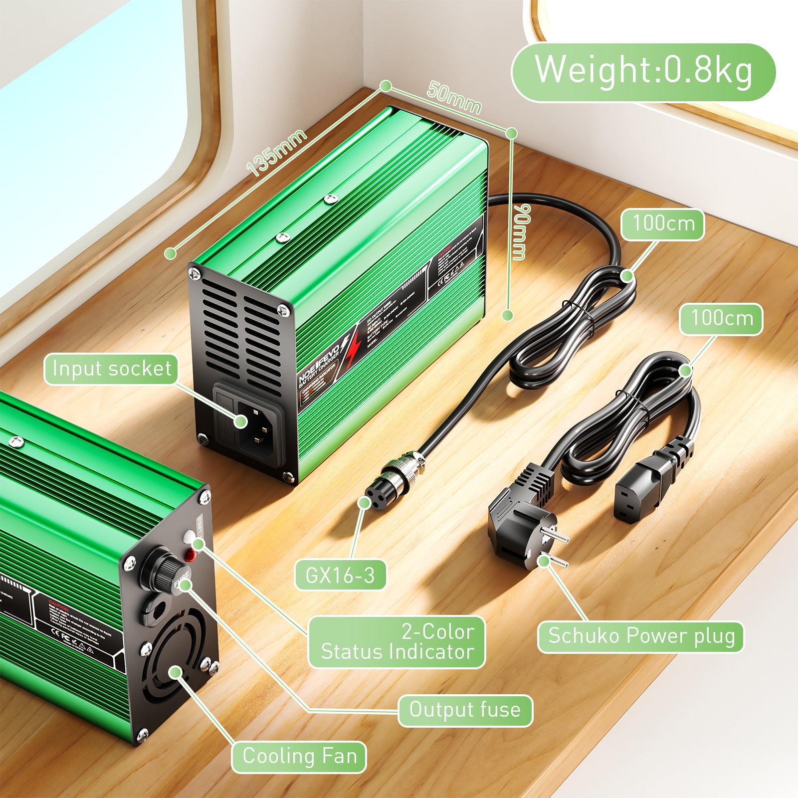 NOEIFEVO 37.8V 4A Carregador de Lítio para Baterias Li-Ion Lipo 9S 33.3V, com Ventilador de Resfriamento e Desligamento Automático (VERDE)