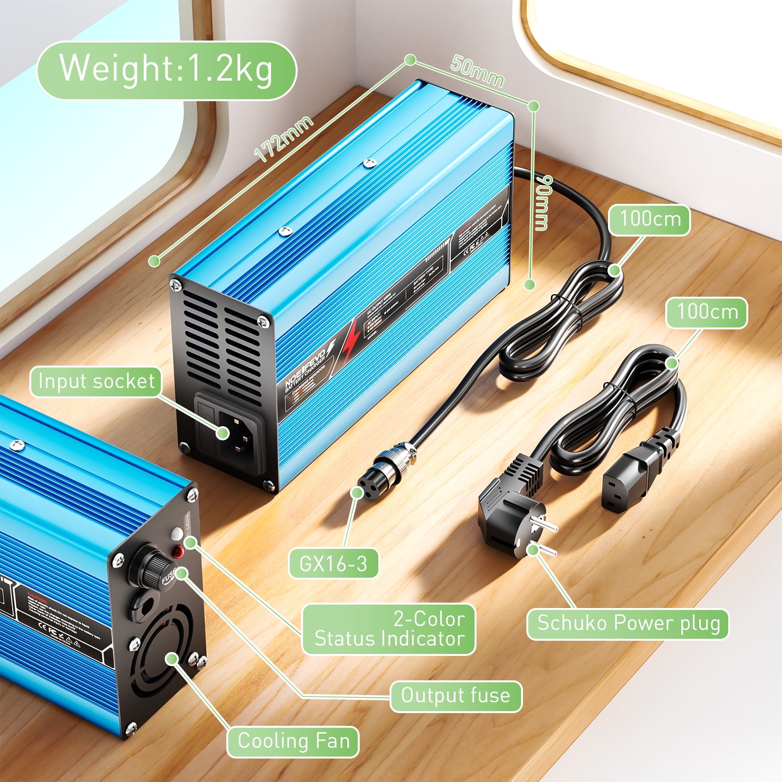 NOEIFEVO 42V 10A 10S Lithium-batterilader, til 10S 37V Li-Ion batteri, automatisk slukning, aluminiumhus, med blæser (blå)