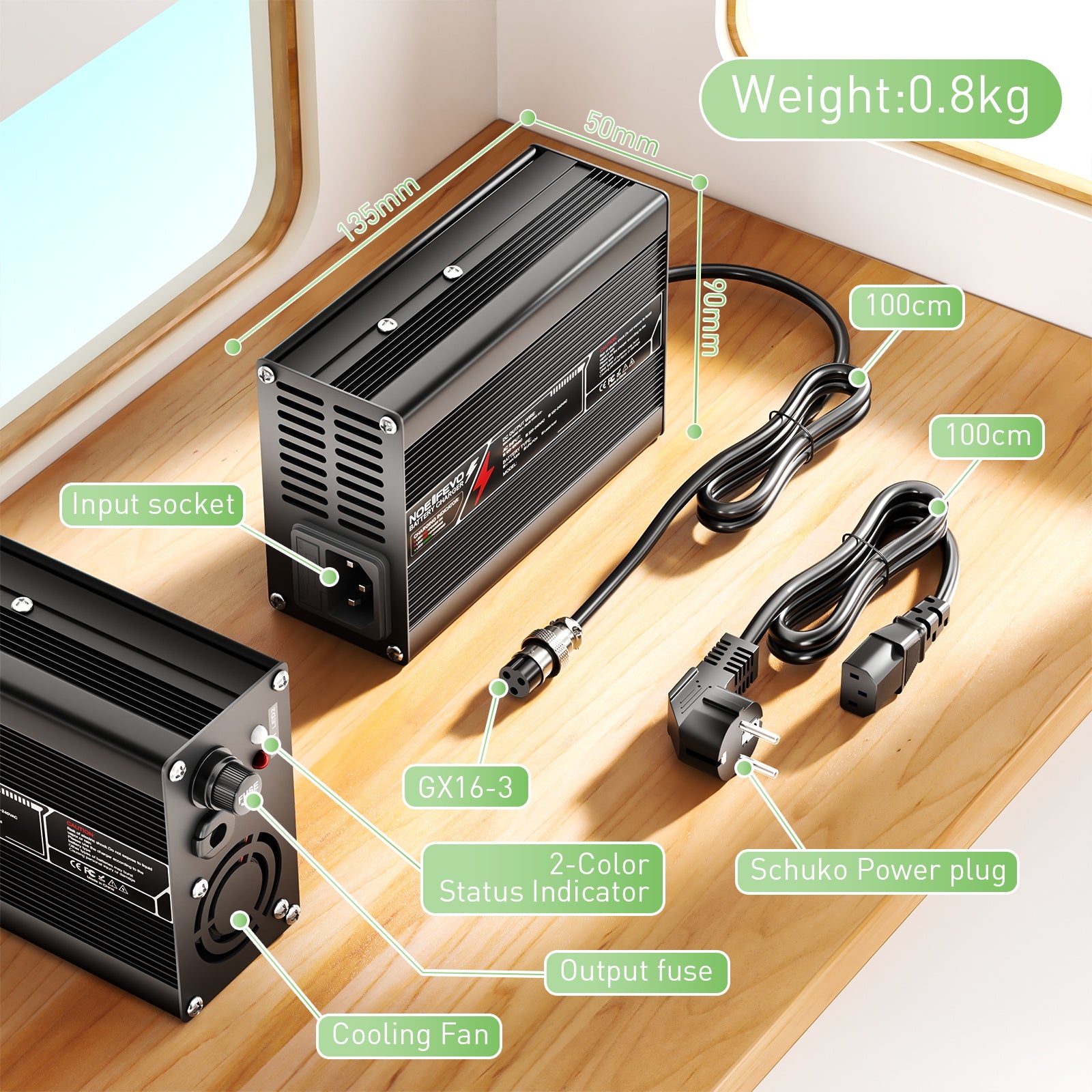 NOEIFEVO 54.6V 5A lithiumoplader til 13S 48V Ebike scooter batteri, aluminiumshus, ventilator