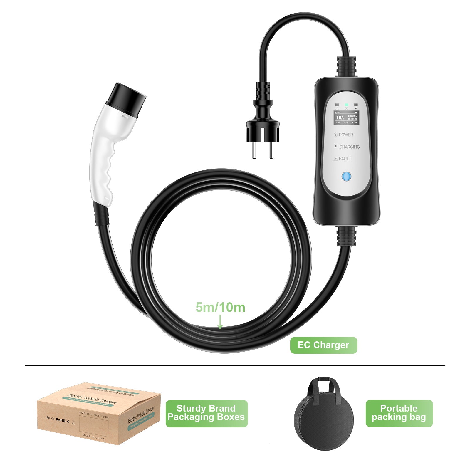 Bärbar Type2 3.7KW 16A EV-laddare, Type1 5 meter laddkabel för mobilt EV-laddning med Schuko-kabel