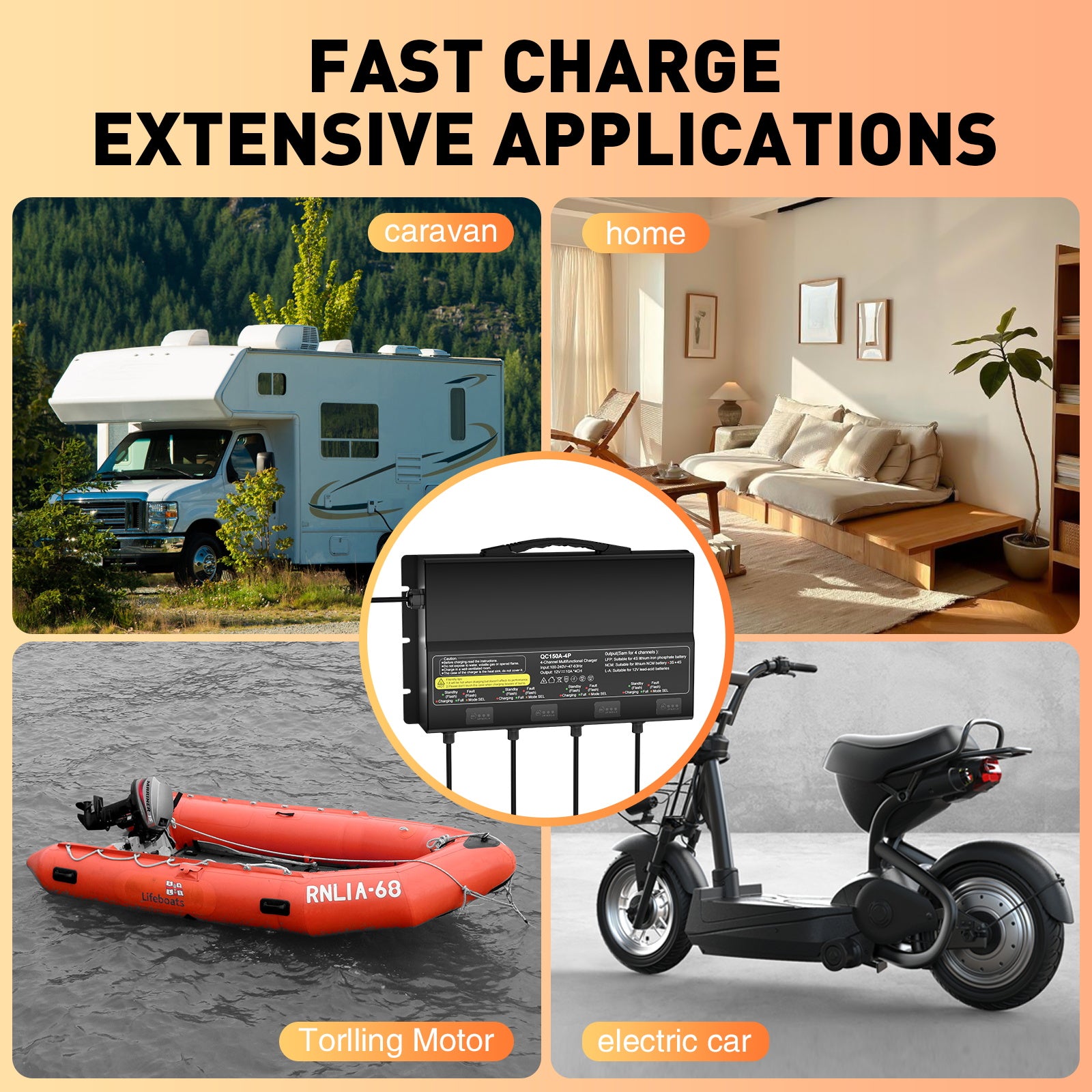 NOEIFEVO Universell batteriladdare 12V 40A 4-bankar (10A/bank), vattentät 12V LiFePO4 litium-blybatteriladdare för husbil, båt, motorcykel, gräsklippare, trollingmotor och blybatteri