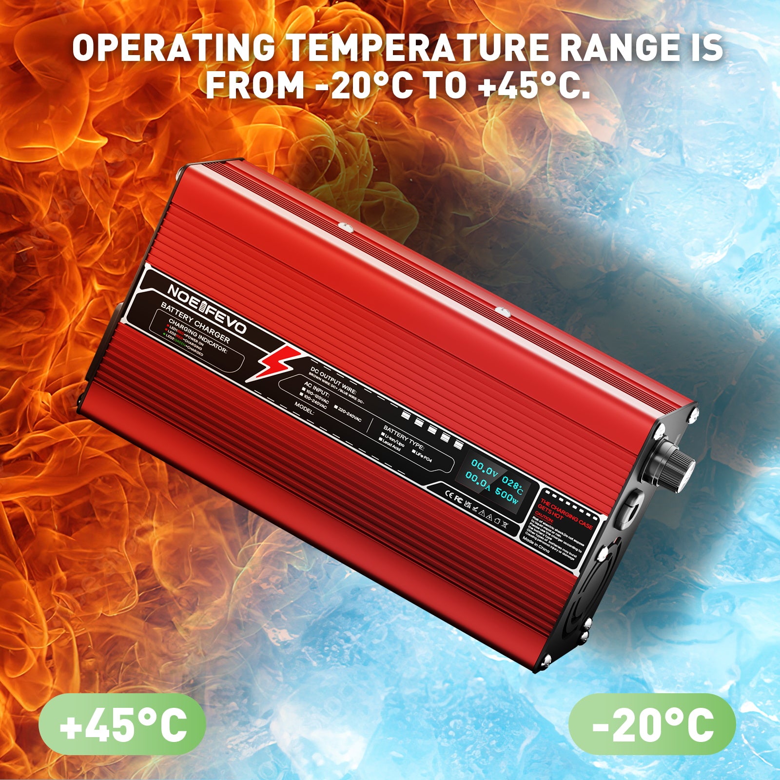 NOEIFEVO 43.8V 10A LiFePO4-batterioplader til 38.4V 12S LiFePO4-batterier, automatisk slukning, OLED-skærm, aluminiumshus, med blæser