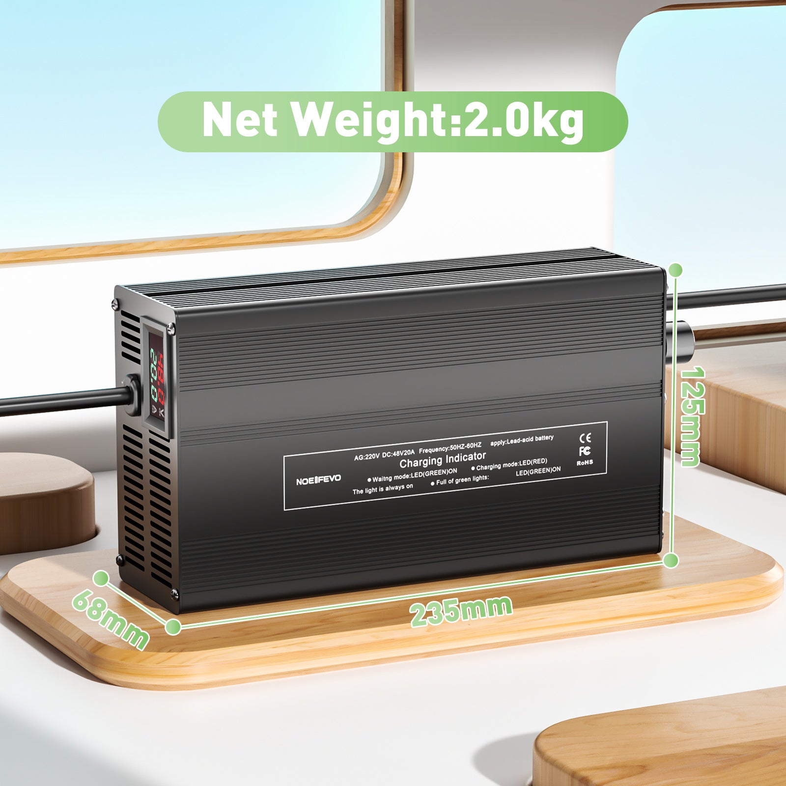 NOEIFEVO 48V 1A-20A Strøm Justerbart Batterioplader til Blysyre Batterier, AGM, Gel, Golfvogn Batterioplader, LED-Display