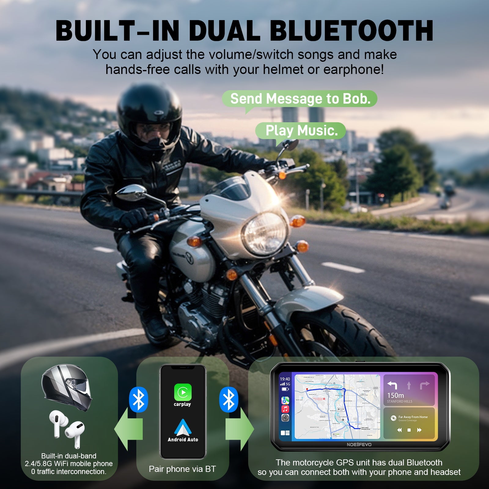 NOEIFEVO MT9B motocyklový Carplay displej s funkcí detekce mrtvého úhlu, bezdrátové CarPlay a Android Auto, přenosný vodotěsný 6,3palcový dotykový displej, vylepšený duální Bluetooth, navigace