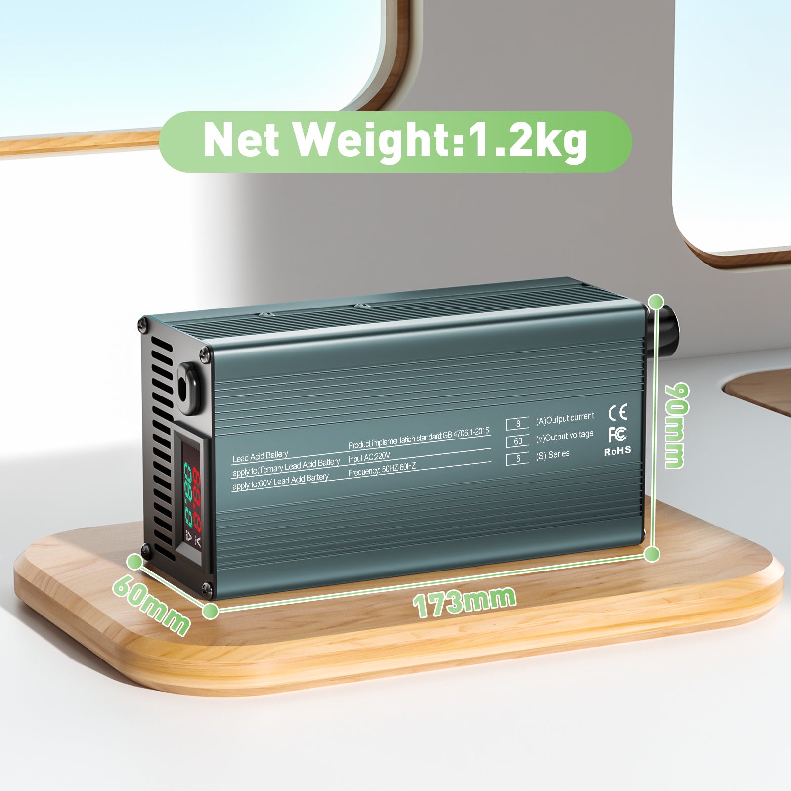 NOEIFEVO 60V 1A-8A Strømjusterbar batterioplader til bly-syre-batterier, AGM, gel, golfvogn-batterioplader, LED-display