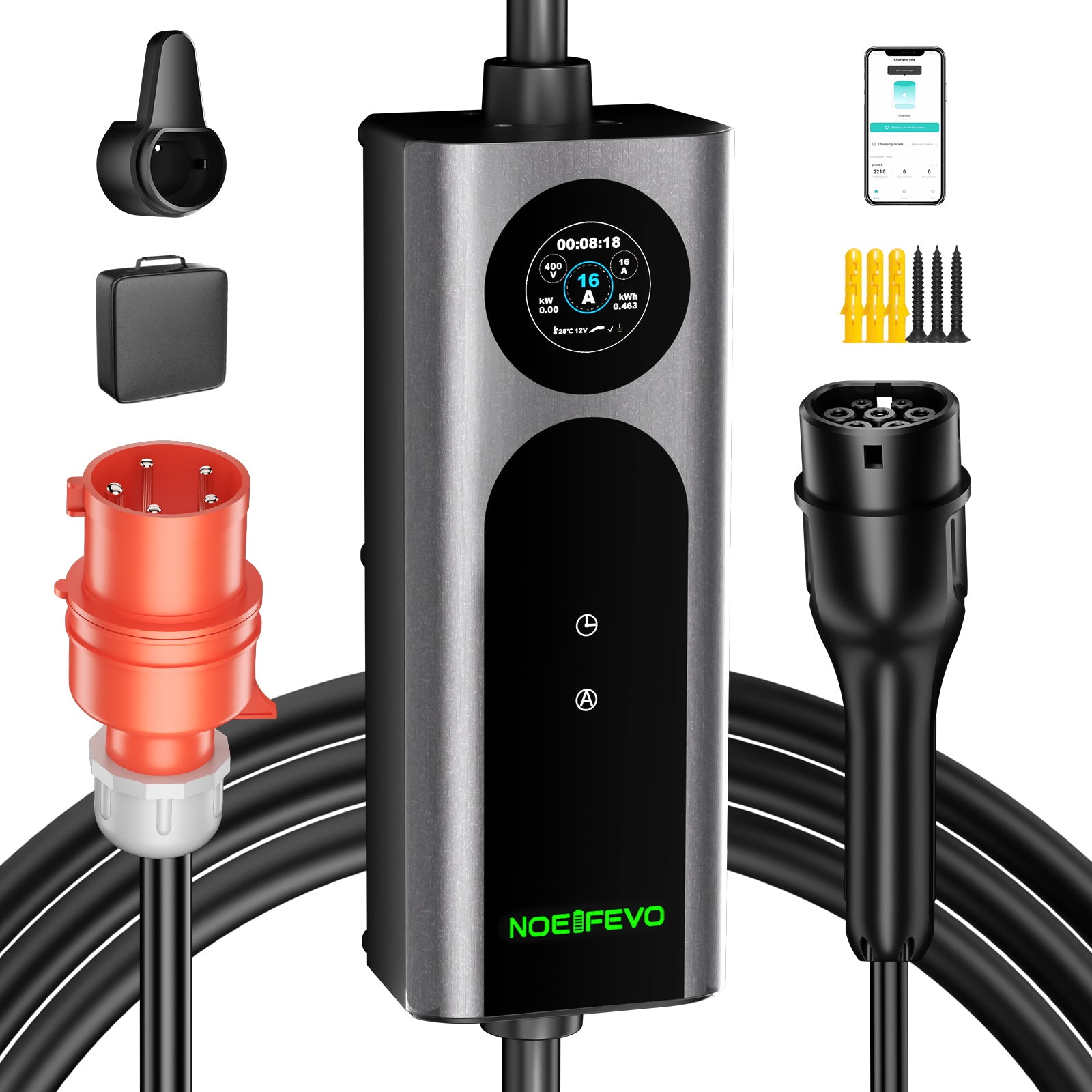 Noeifevo Type 2 Mobiele EV Wallbox, 11KW 3-fase CEE16A Instelbare Laadvermogen EV Lader, 5m/10m/15m EV Oplaadkabel voor Model Y/3, ID.3/4/5, MG4, EX30, e-up, e-tron, Zoe en andere EV's.
