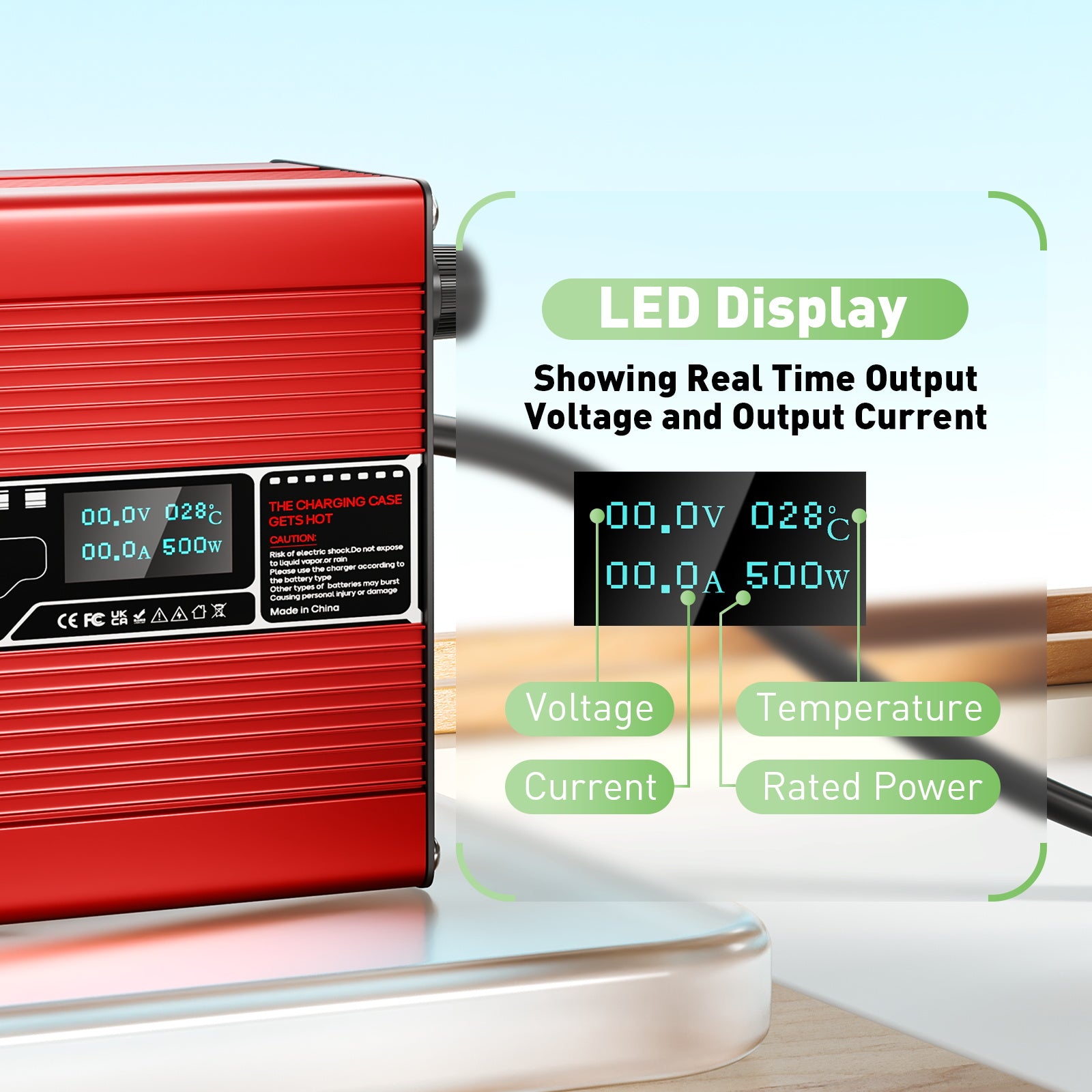 NOEIFEVO 58,4V 8A LiFePO4-batteriladdare för 51,2V 16S LiFePO4-batterier, automatisk avstängning, OLED-display, aluminiumhölje, med fläkt