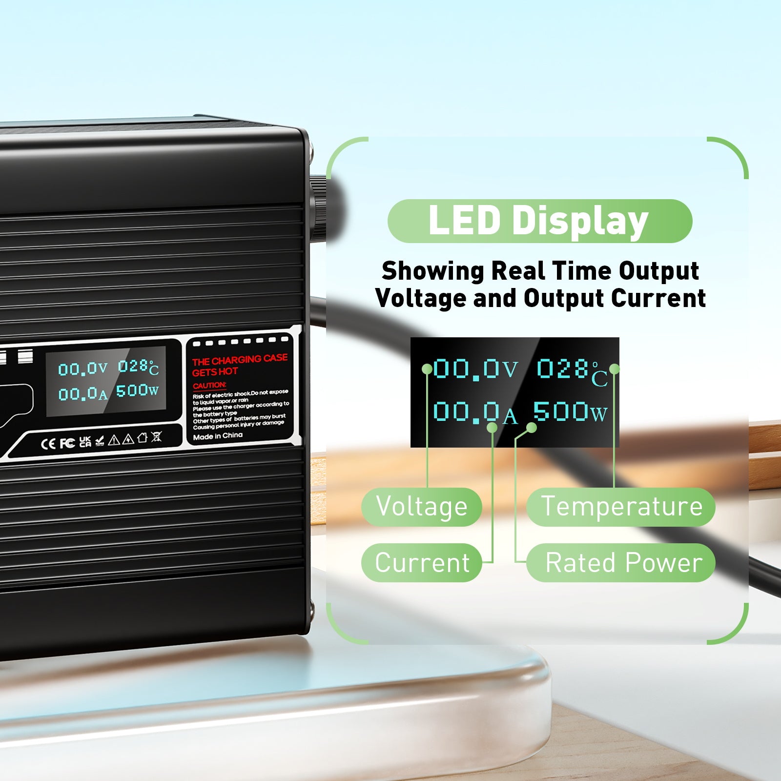 NOEIFEVO 72V 5A Loodzuurbatterijlader, OLED-display, aluminium behuizing, slimme snellader