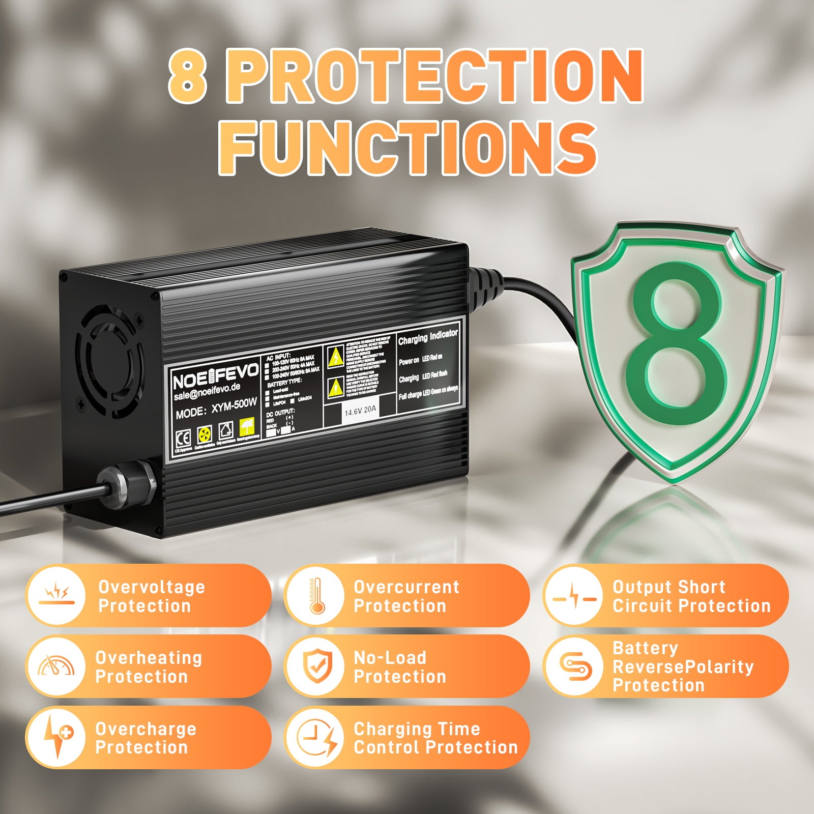 Noeifevo 14,6V 20A LiFePO4-akkulaturi 12V 12,8V LiFePO4-litiumakulle, 0V BMS-aktivointi, automaattinen sammutus, alumiiniseoskotelo