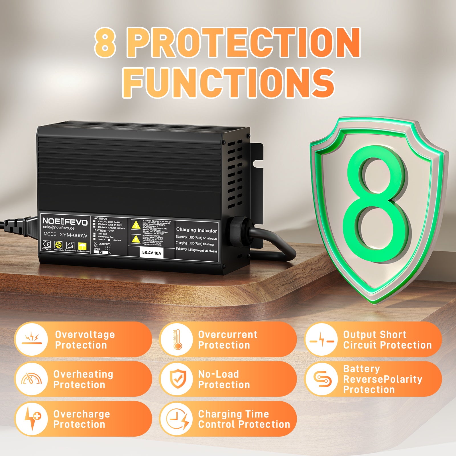 NOEIFEVO 58,4V 10A LiFePO4 batterilader for 51,2V(48V) 16S litiumbatteri for golfbiler, bobiler og elektriske fiskemotorer