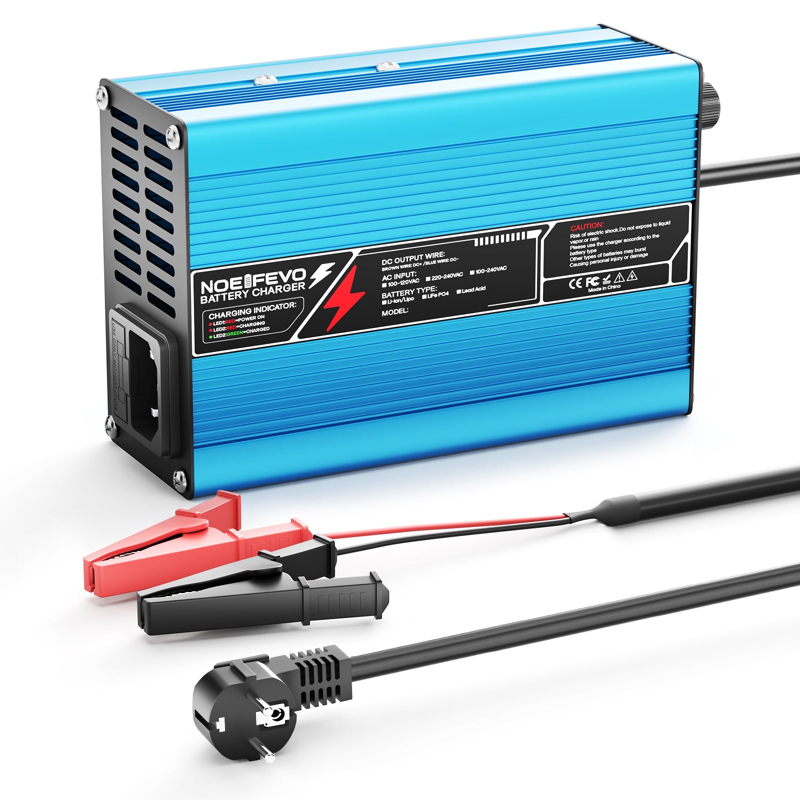 NOEIFEVO 36,5V 6A LiFePO4 Batterijlader voor 32V 10S LiFePO4-batterij, automatische uitschakeling, aluminium behuizing, met ventilator