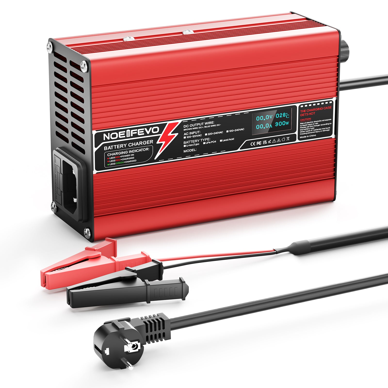 NOEIFEVO 58.8V 2A 2.5A 3A Lithium-Ladegerät für 14S 51.8V Li-Ion Lipo-Batterien, mit LCD-Anzeige, Kühlventilator, automatischer Abschaltung(RED)