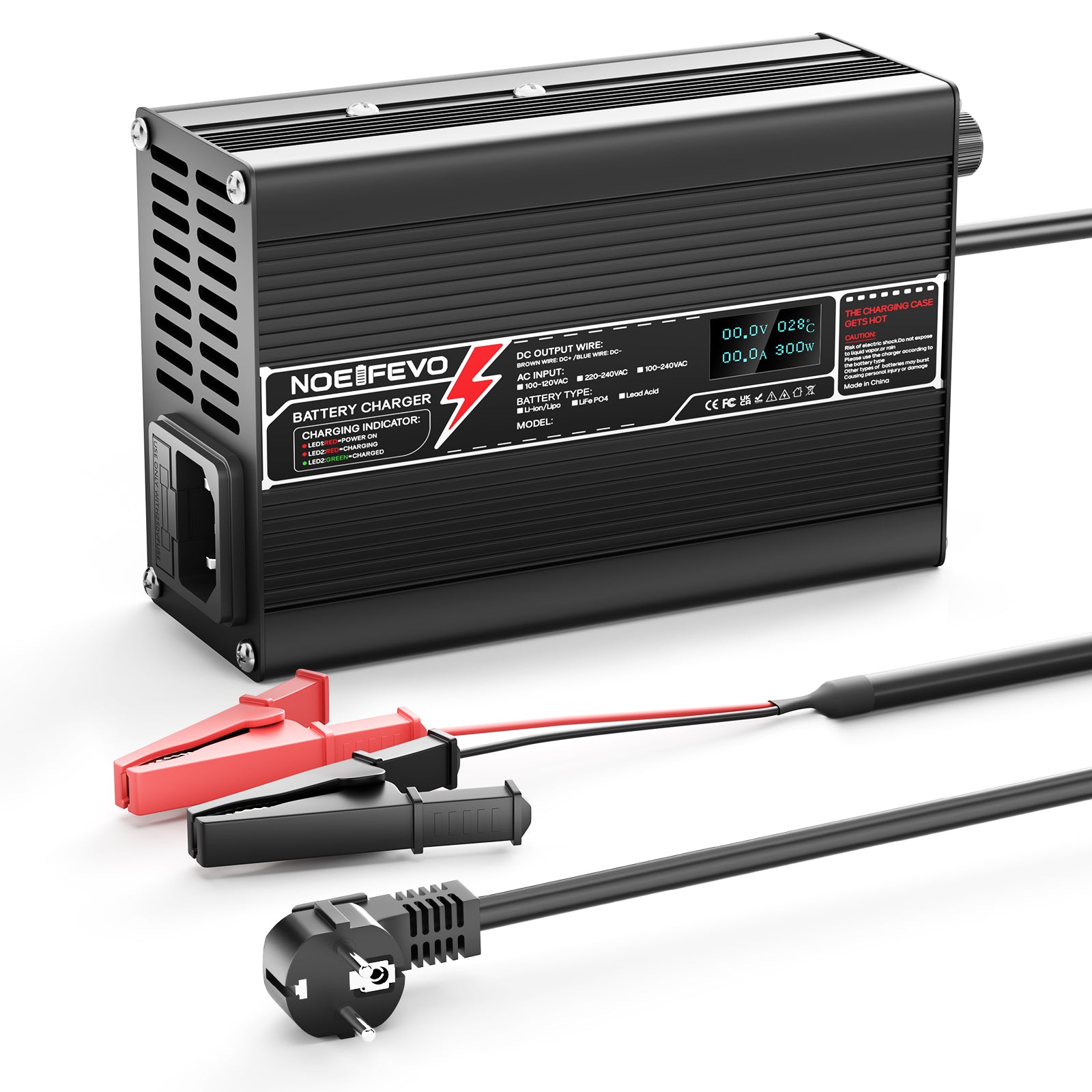 NOEIFEVO 29.4V 10A Lithium-lader til 7S 25.9V Li-Ion Lipo batteri E-cykellader, LED-display, aluminiumkasse, blæser