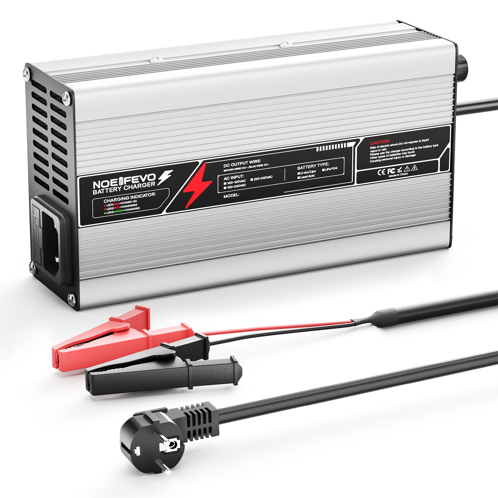 NOEIFEVO 25,2V 15 A Lithium-acculader voor 22,2 V 6S batterij, automatische uitschakeling, aluminium behuizing, met ventilator (Zilver)