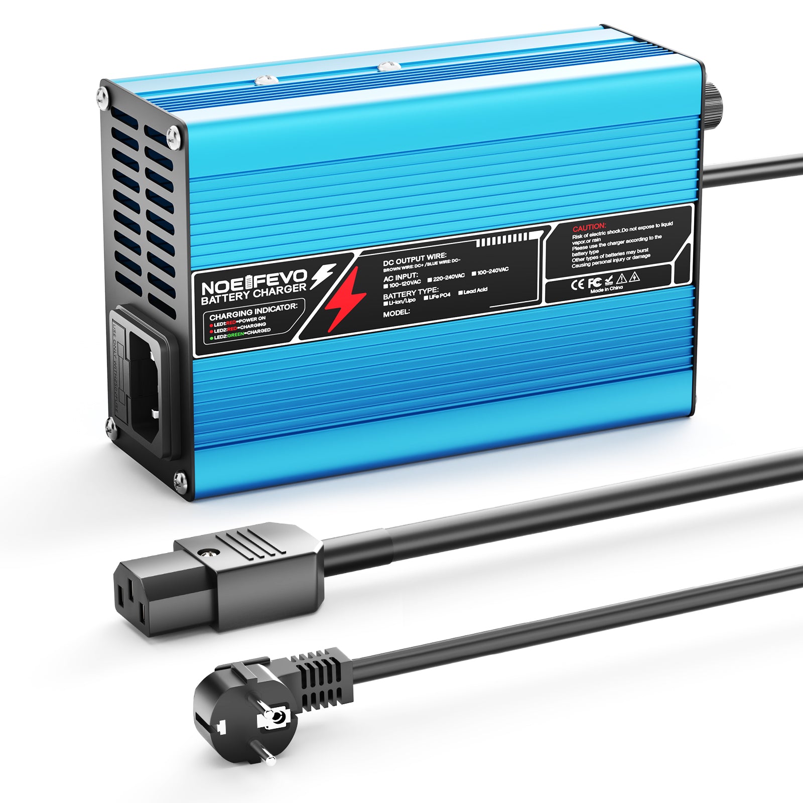 NOEIFEVO 37.8V 2A 3A 3.5A 4A Lithium-Ladegerät für 9S 33.3V Li-Ion Lipo-Batterien,Kühlventilator, automatischer Abschaltung（BLUE）