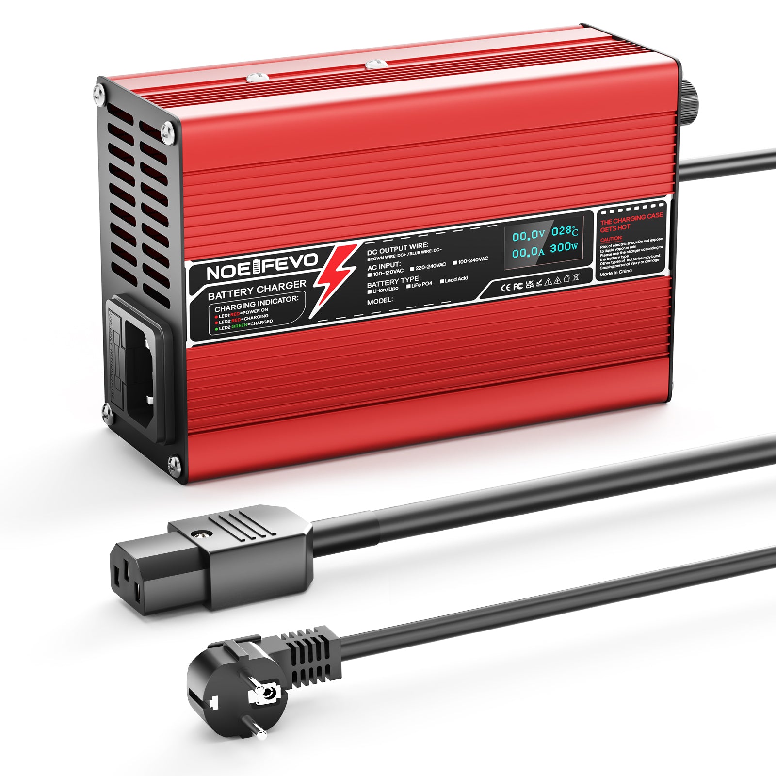 NOEIFEVO 54.6V 2A 2.5A 3A Lithium-Lader voor 13S 48.1V Li-Ion Lipo-batterijen, Koelventilator, automatische uitschakeling (ROOD)