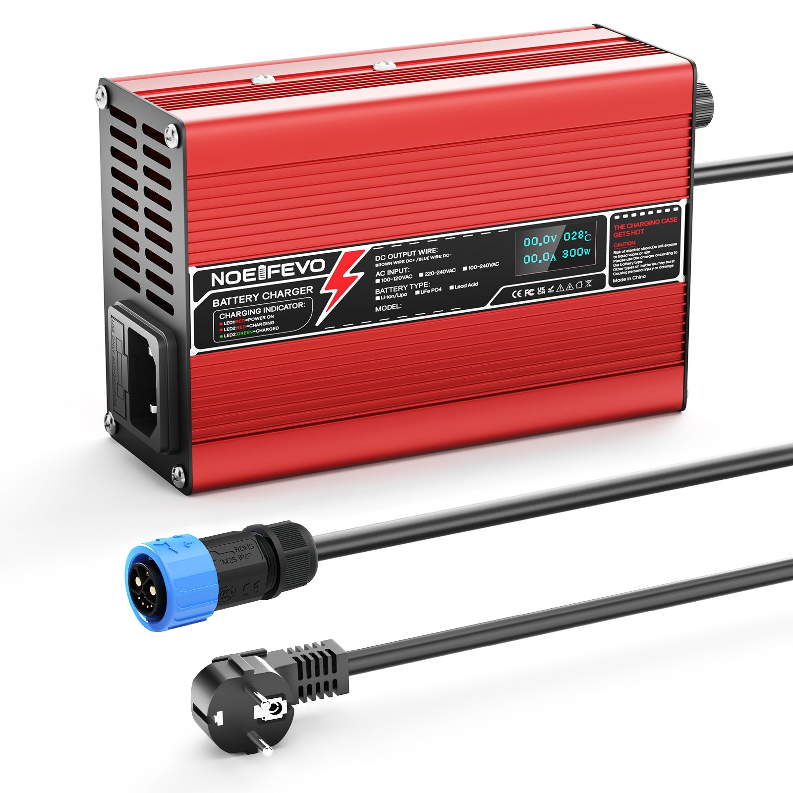 Cargador de Litio NOEIFEVO 54.6V 2A 2.5A 3A  para baterías Li-Ion Lipo 13S 48.1V, con ventilador de enfriamiento y apagado automático (ROJO)